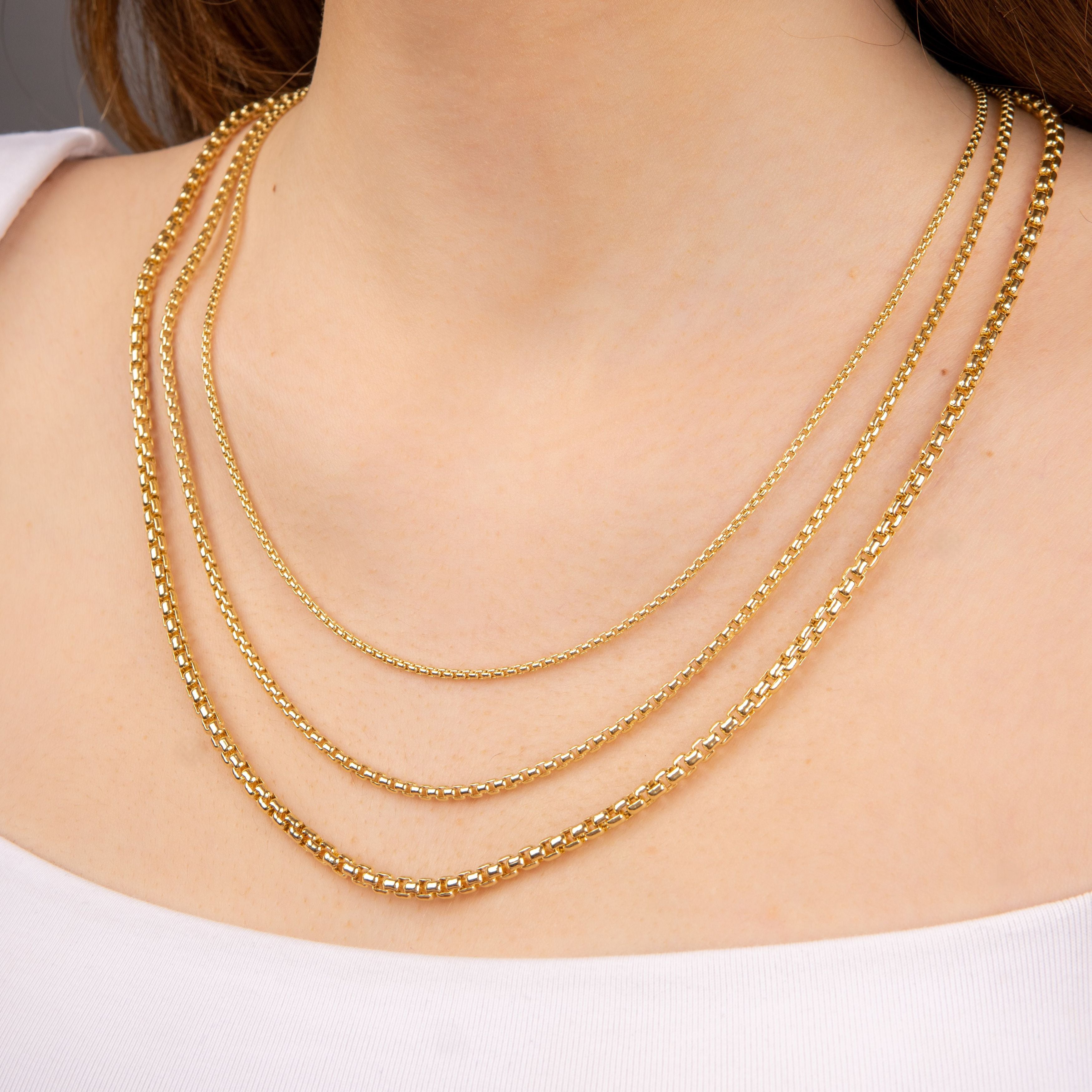 14K Solid Gold Round Box Chain Necklace