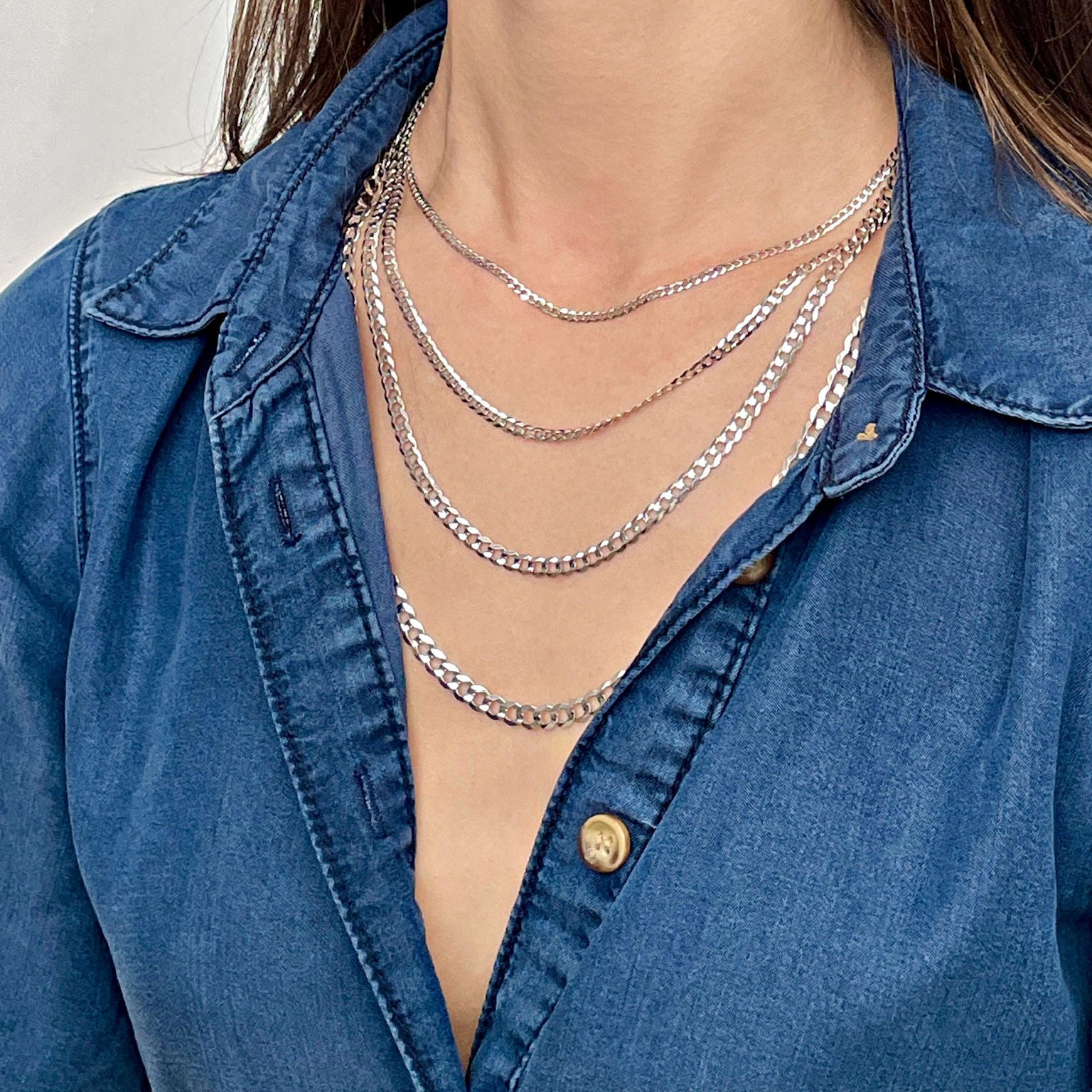 14K Solid White Gold Curb Link Chain Necklace