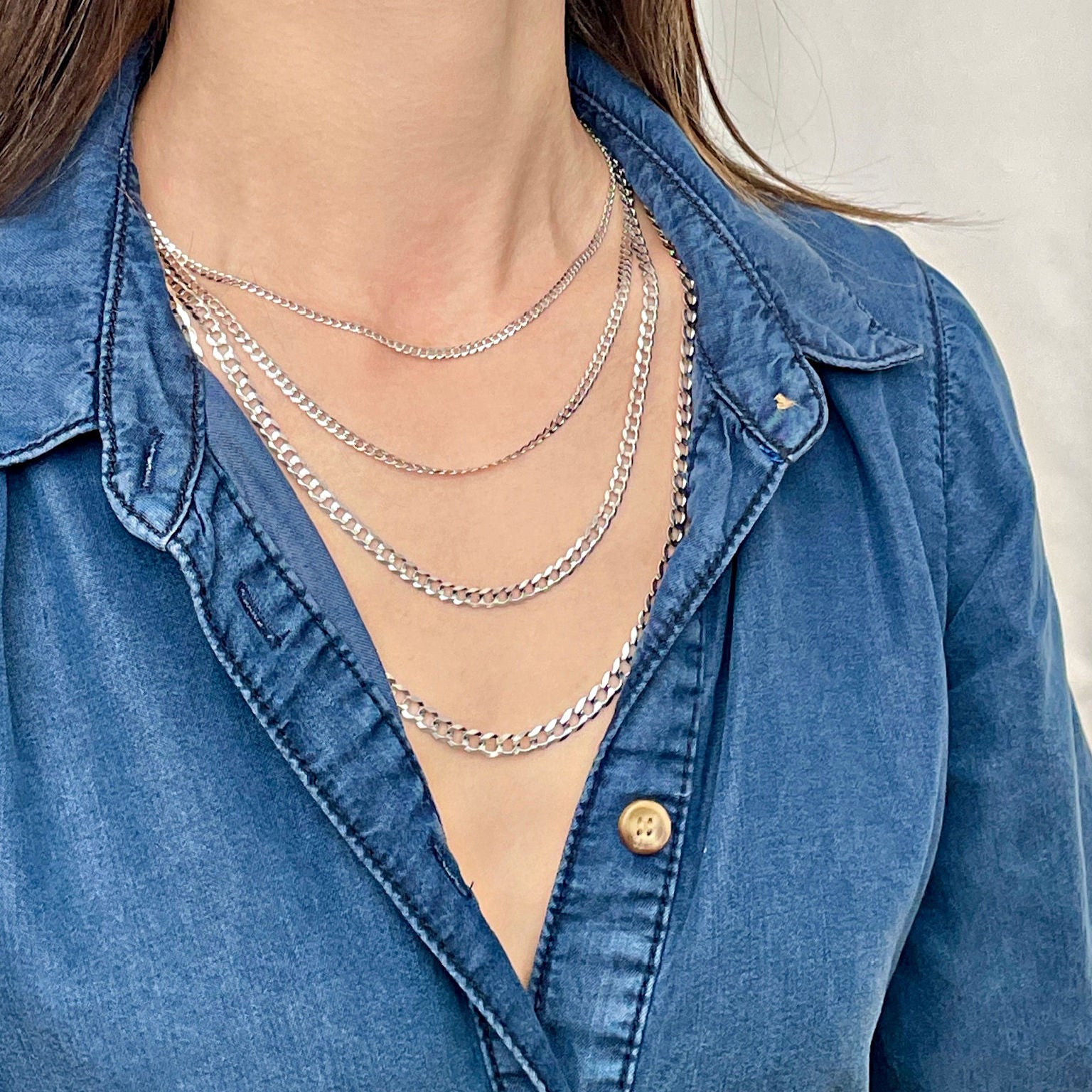 14K Solid White Gold Curb Link Chain Necklace