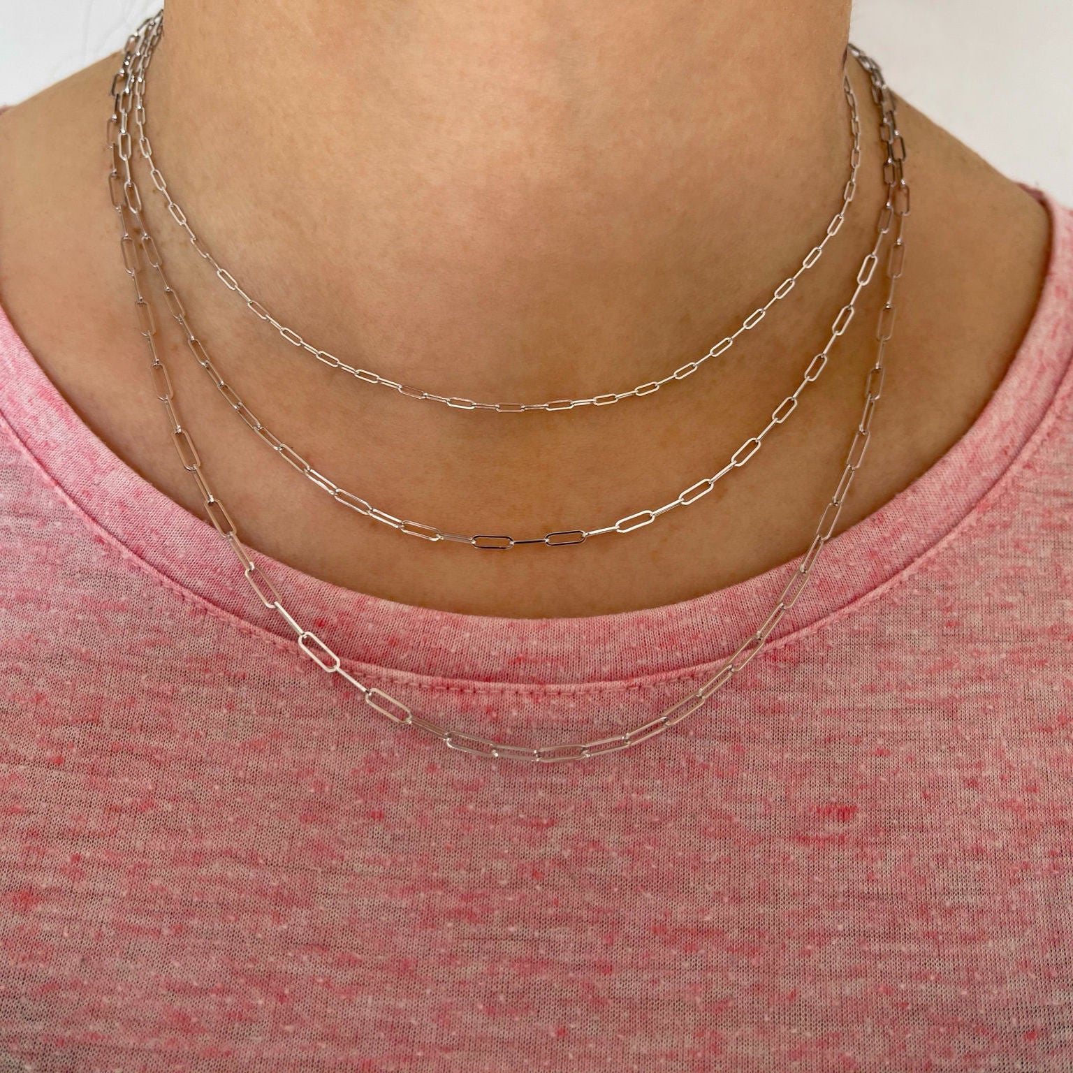 14K Real White Gold Thin Paperclip Necklace Chain Women