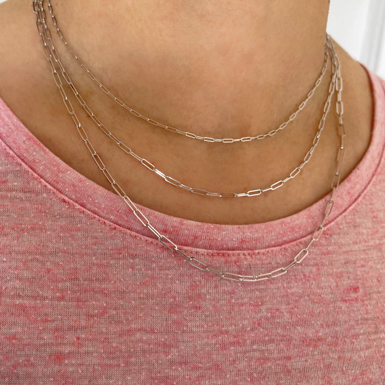 14K Real White Gold Thin Paperclip Necklace Chain Women
