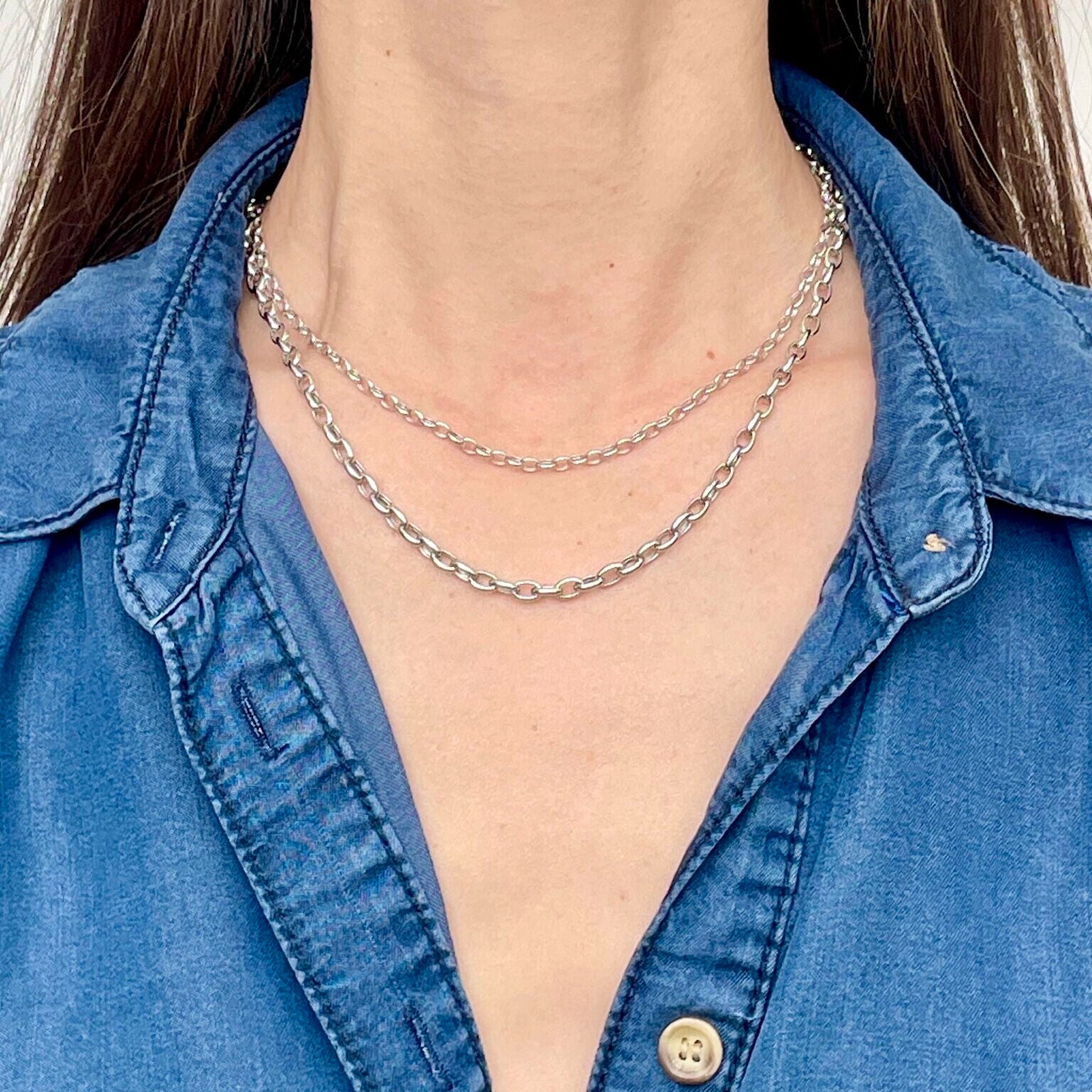 14K White Gold Oval Rolo Link Necklace