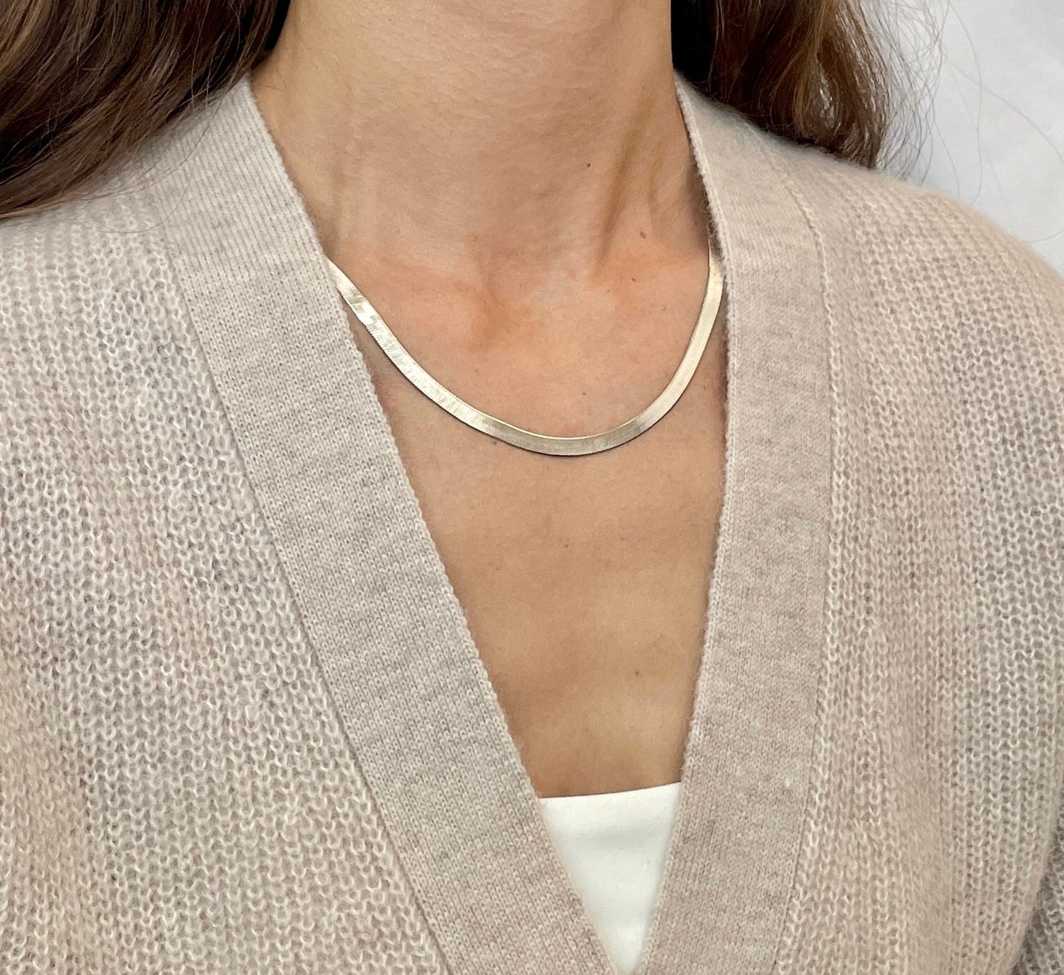 14K White Gold Herringbone Necklace Women