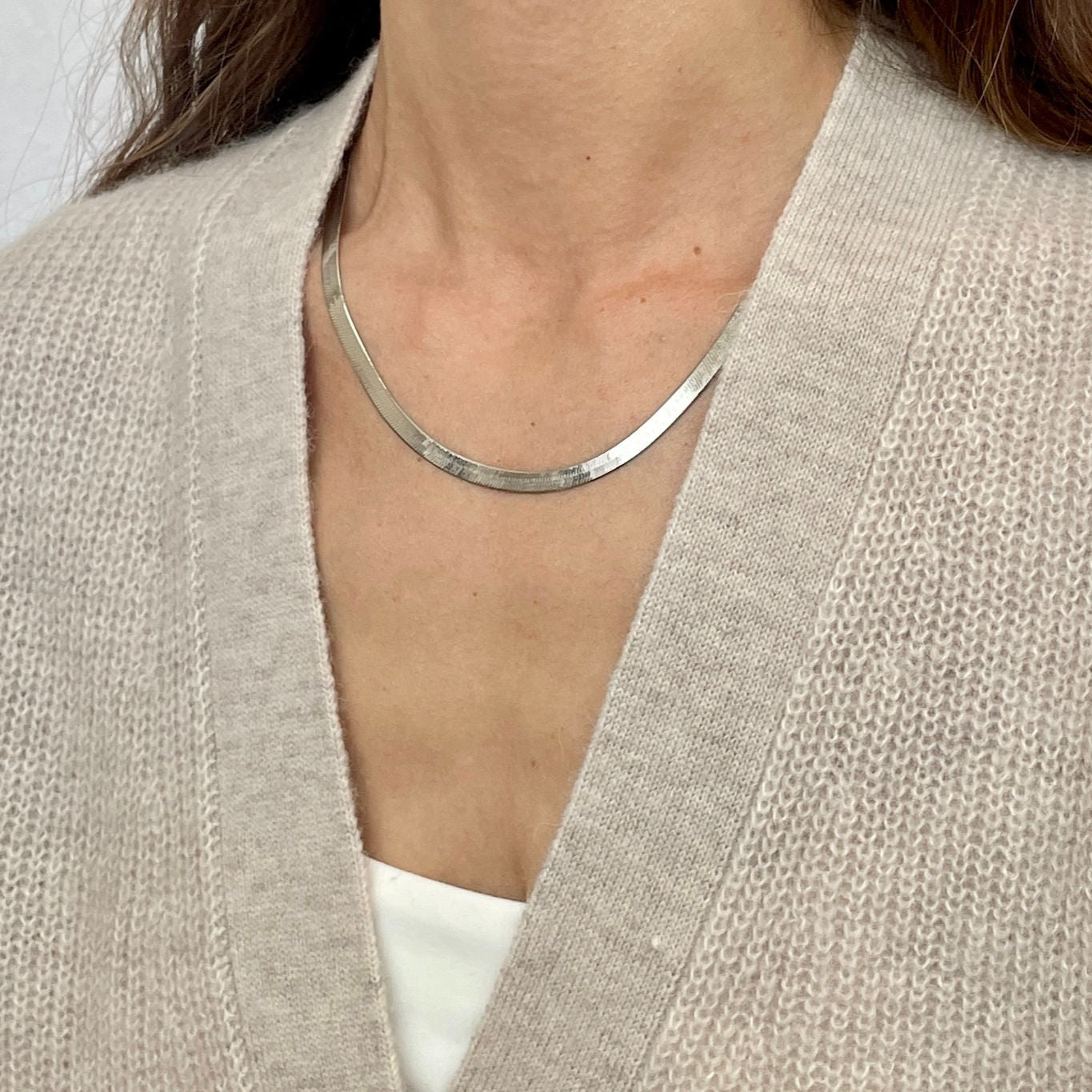 14K White Gold Herringbone Necklace Women