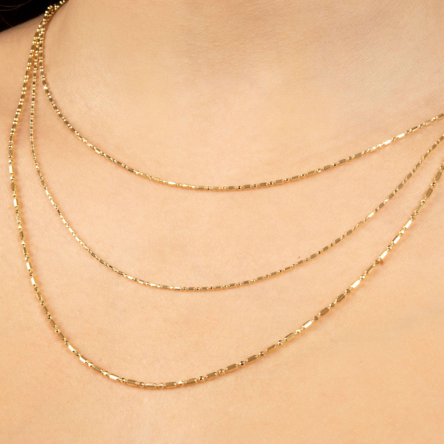14K SOLID YELLOW GOLD BAR AND BEAD NECKLACE CHAIN WOMEN