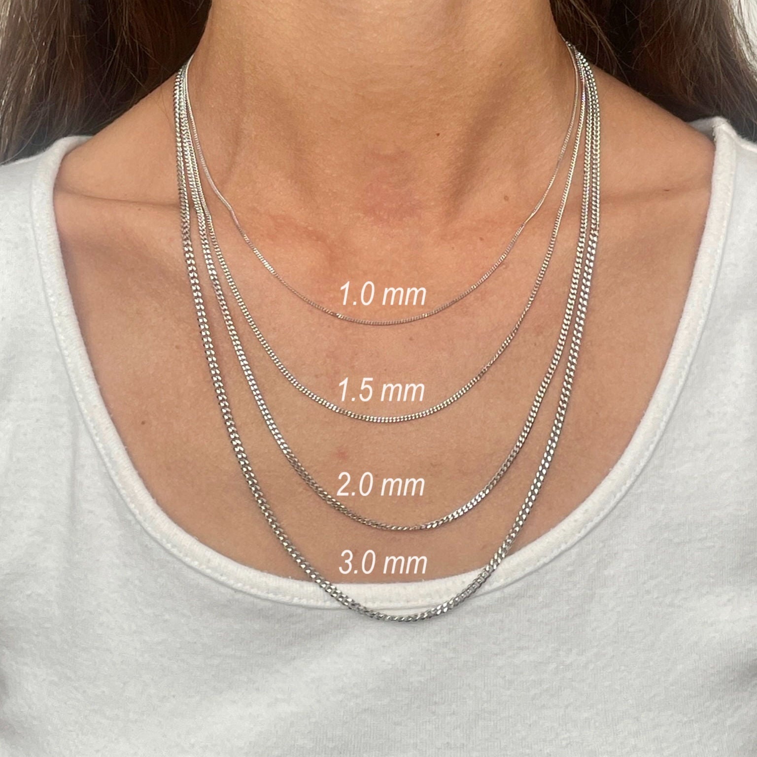 14K Solid White Gold Thin Curb Gourmette Necklace