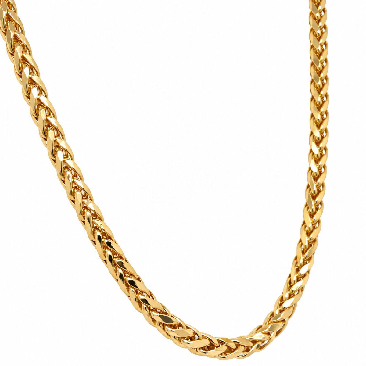 Coiled 14K yellow gold round wheat chain, diamond-cut facets catching light on black velvet