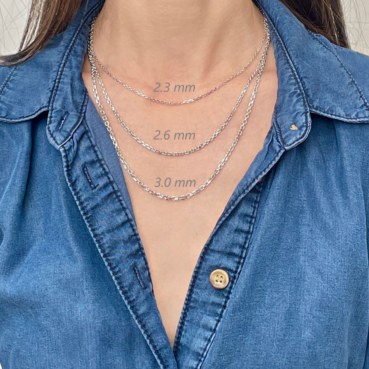 14K Solid White Gold Diamond Cut Cable Link Necklace Chain