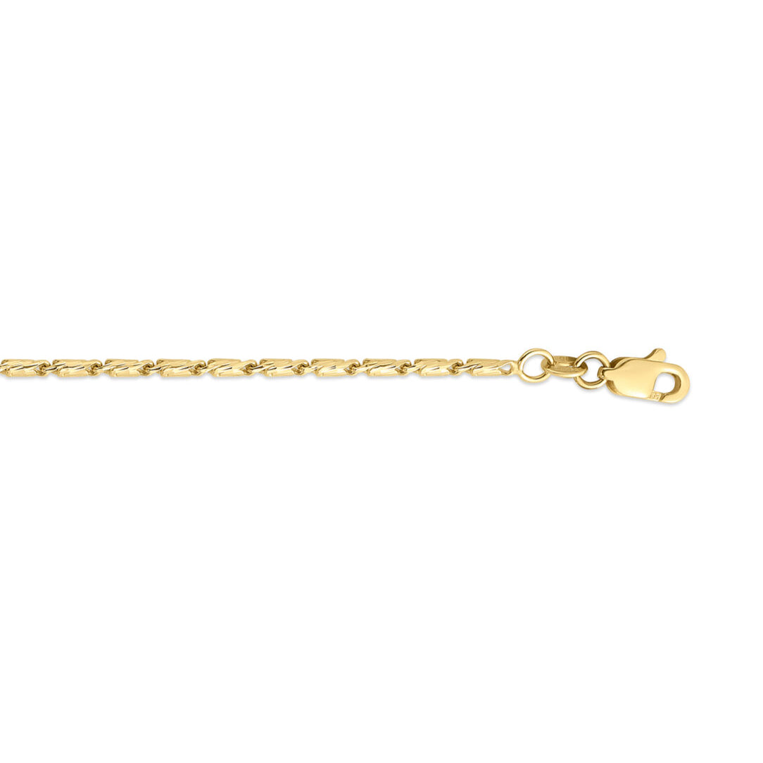 14K Yellow Gold Twisted Lumina Bar Link Necklace, Available in 1.5mm, 1.7mm and 2.1mm widths, with lengths from 18" to 24". The necklace is finished with a secure lobster clasp and also looks great layered with other gold chains.