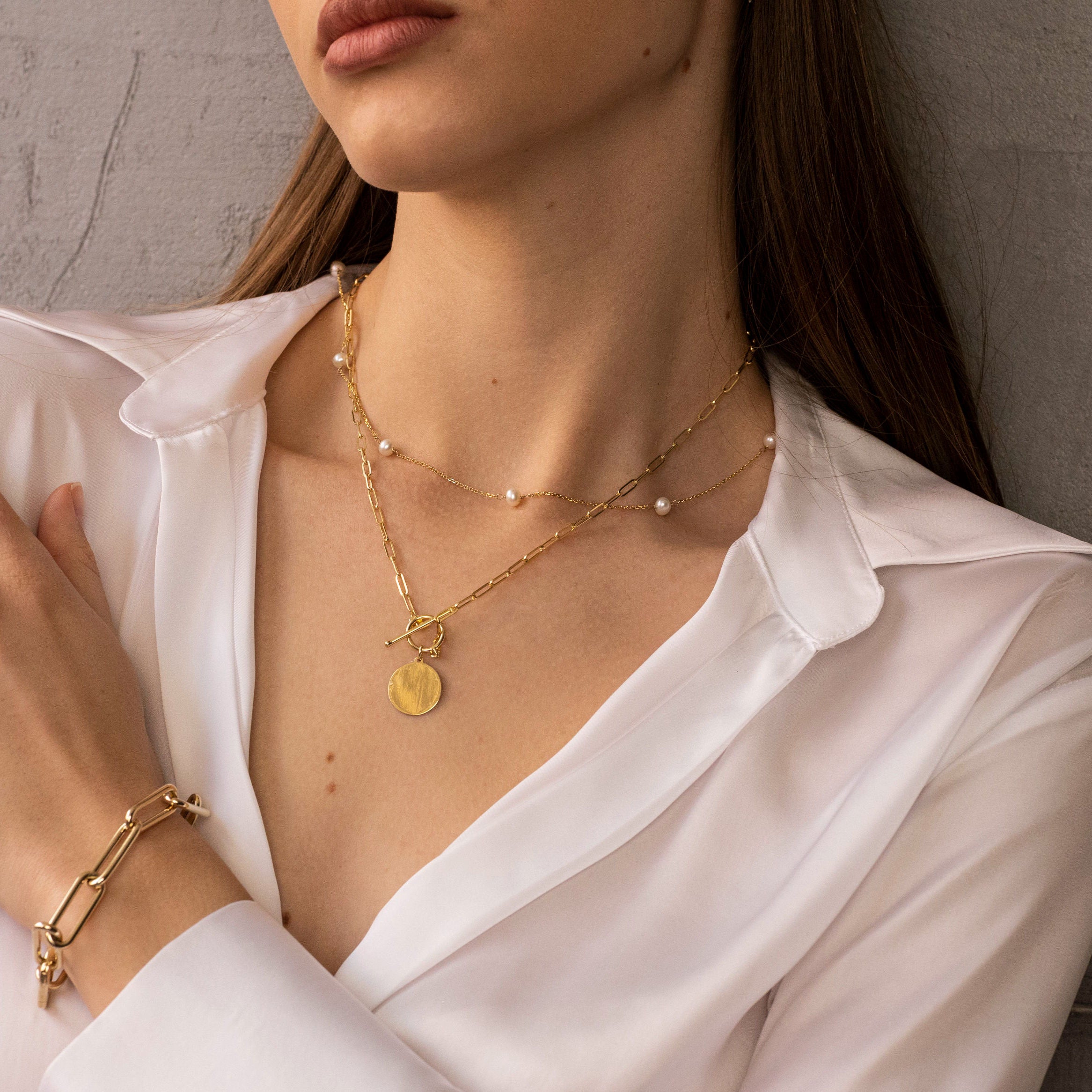 14K Paperclip Disc Toggle Necklace