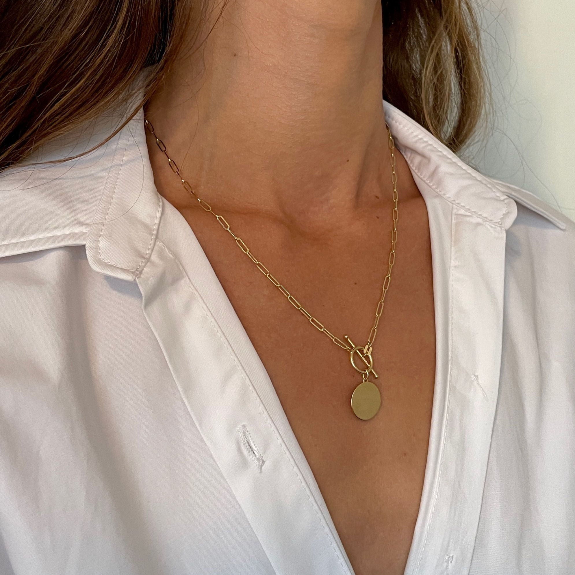 14K Paperclip Disc Toggle Necklace