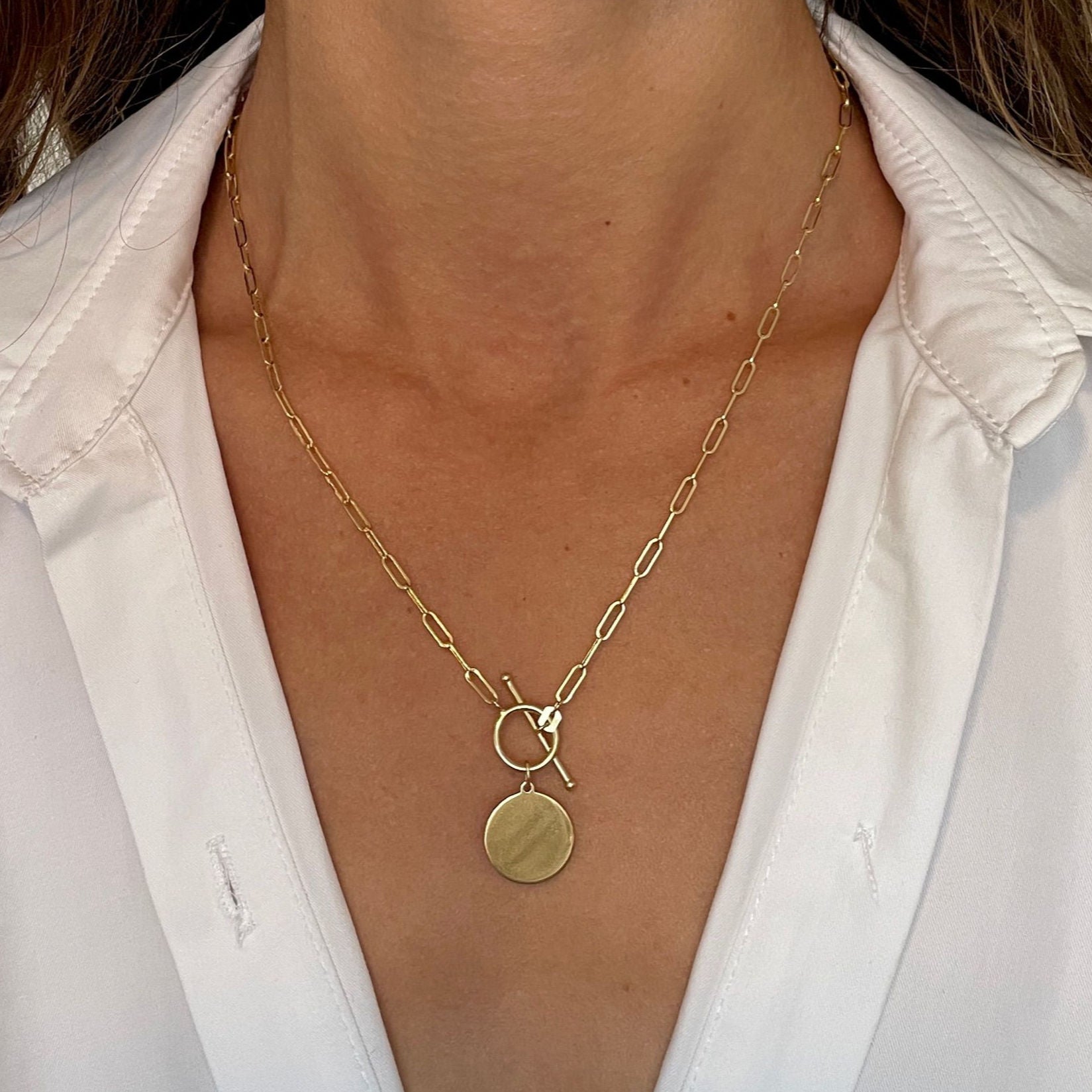 14K Paperclip Disc Toggle Necklace