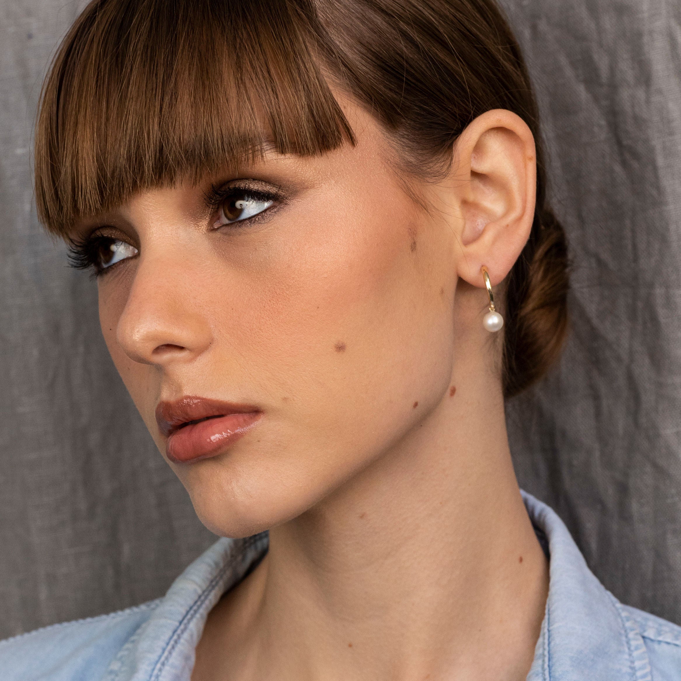 14K Gold Dangling Pearl C Hoops