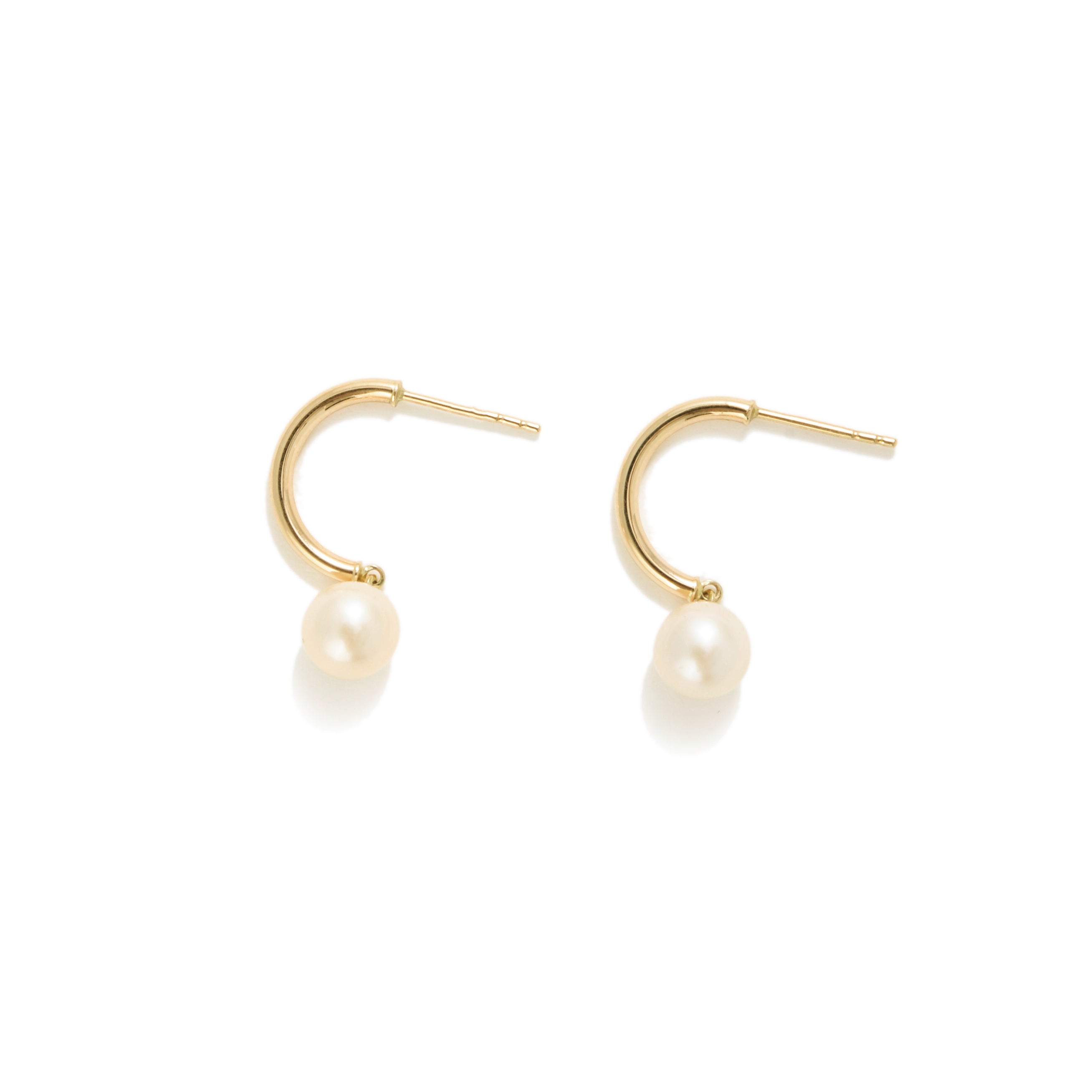 14K Gold Dangling Pearl C Hoops