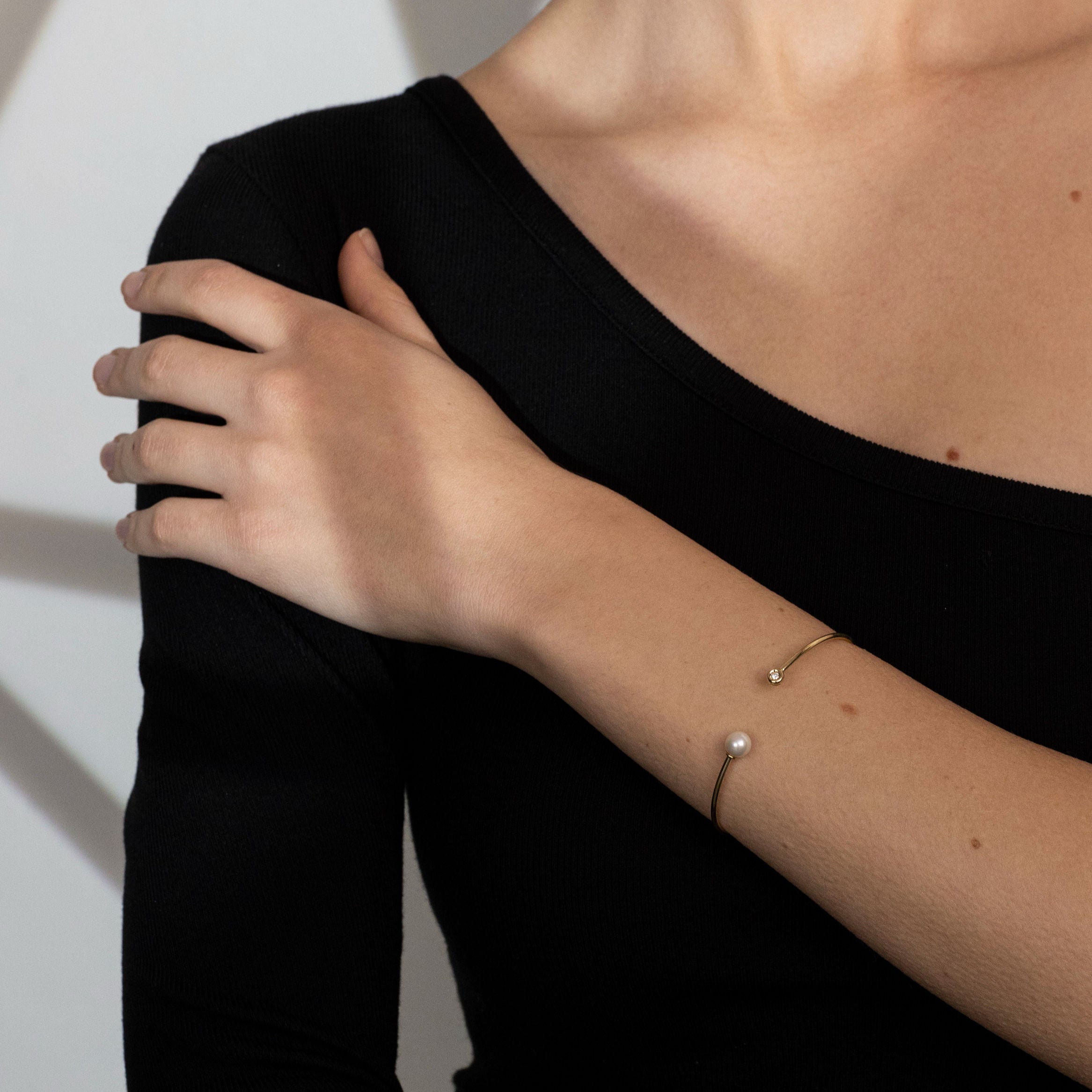 14K Gold Diamond and Pearl Cuff Bangle