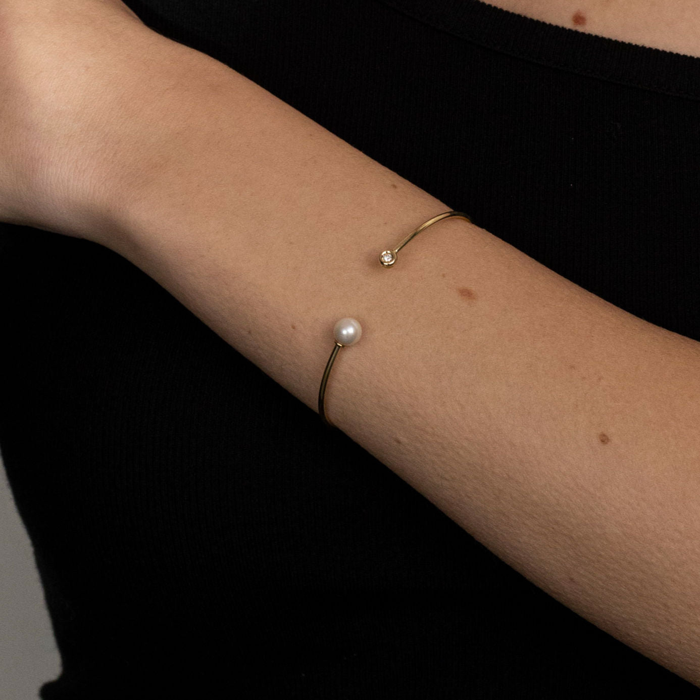 14K Gold Diamond and Pearl Cuff Bangle