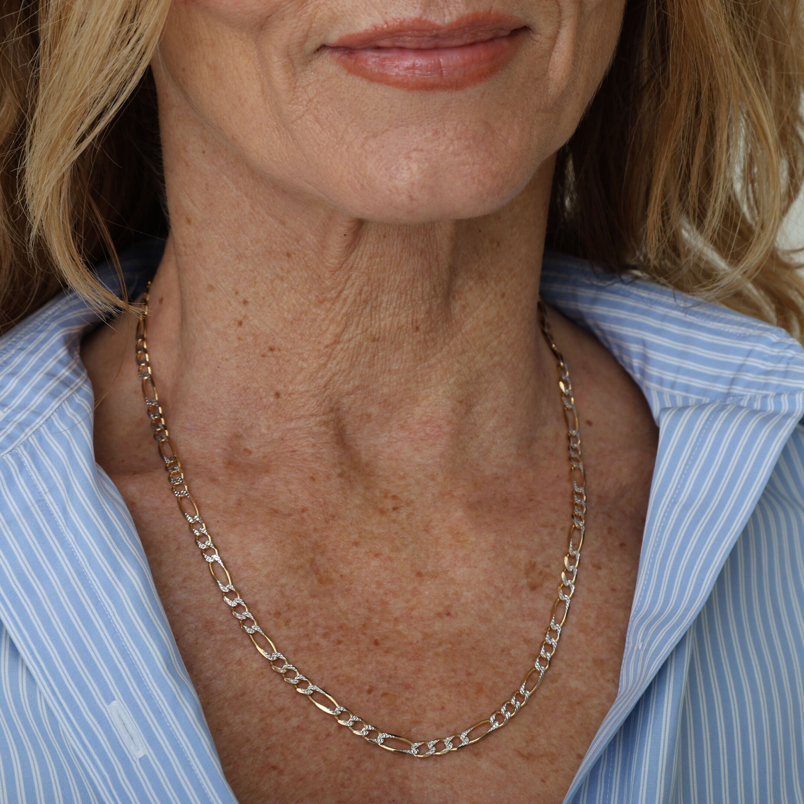 14K Two Tone Gold Pave Figaro Necklace