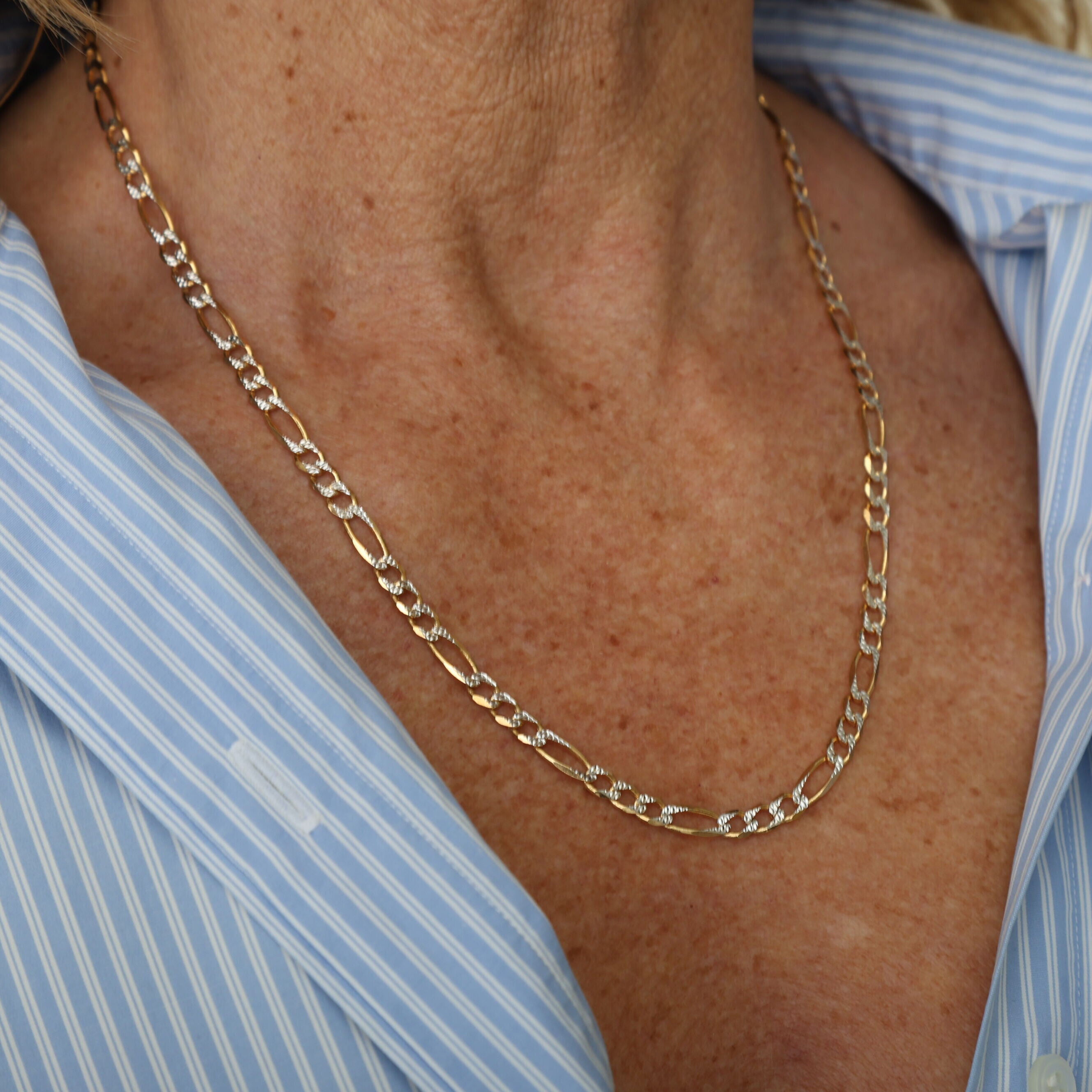 14K Two Tone Gold Pave Figaro Necklace