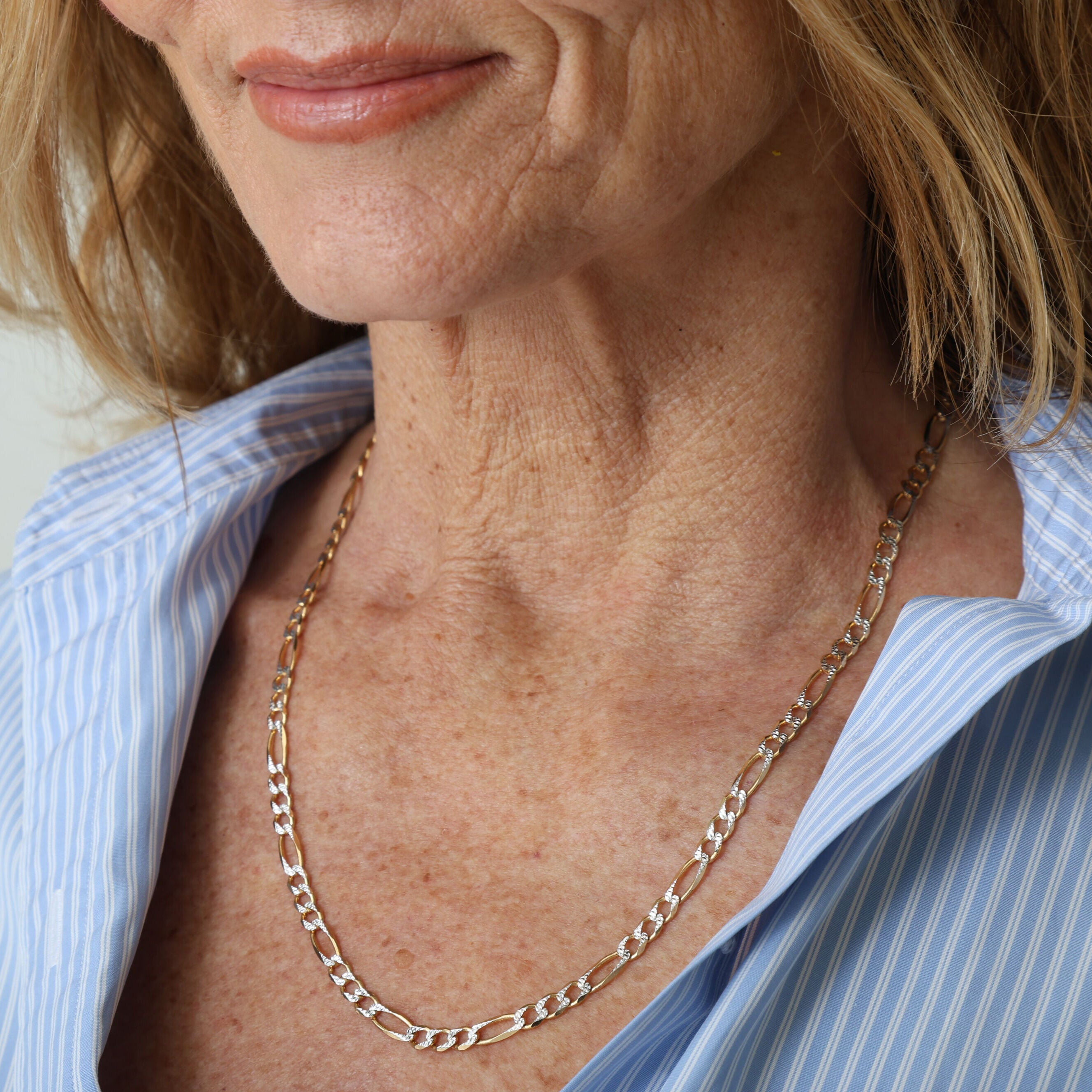 14K Two Tone Gold Pave Figaro Necklace