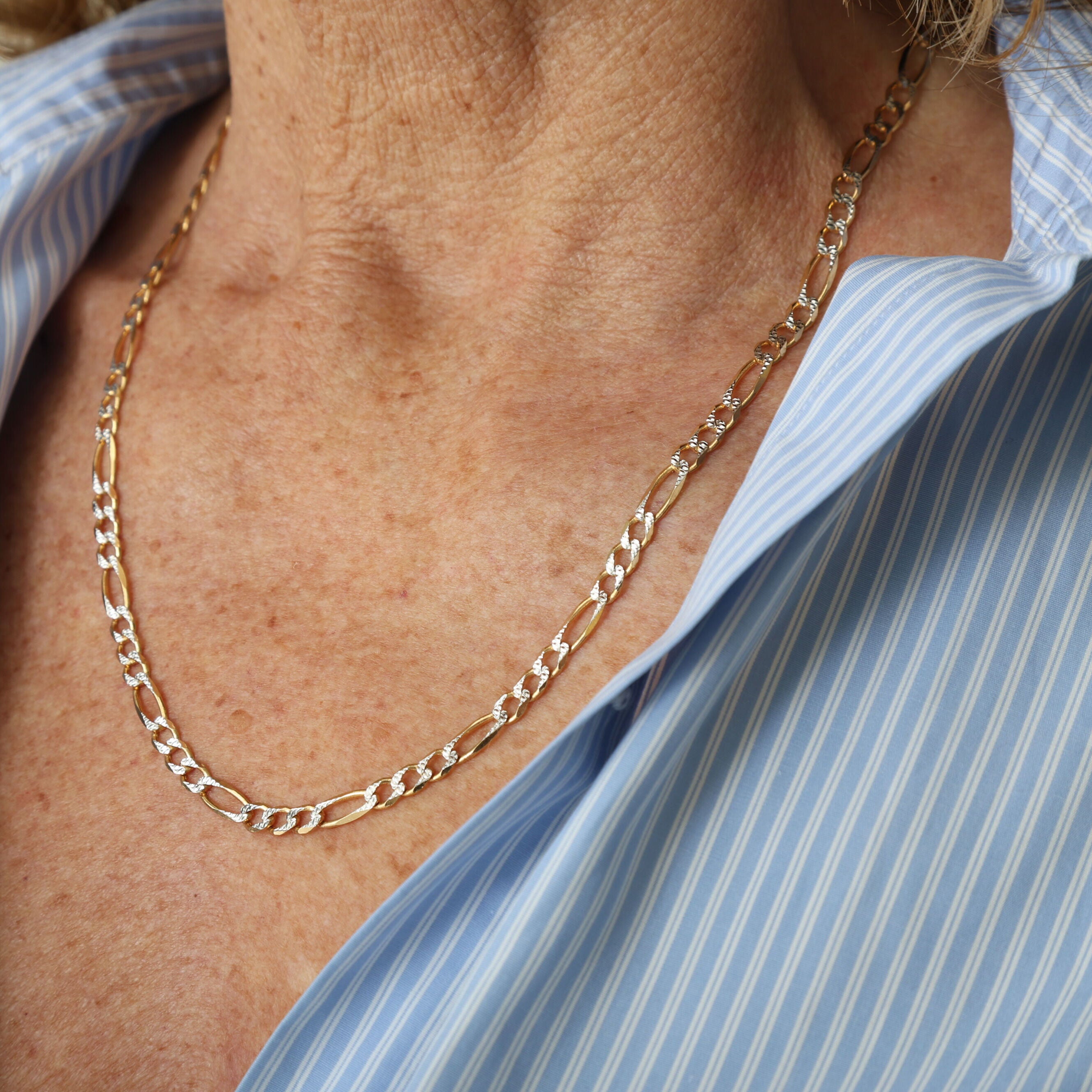 14K Two Tone Gold Pave Figaro Necklace