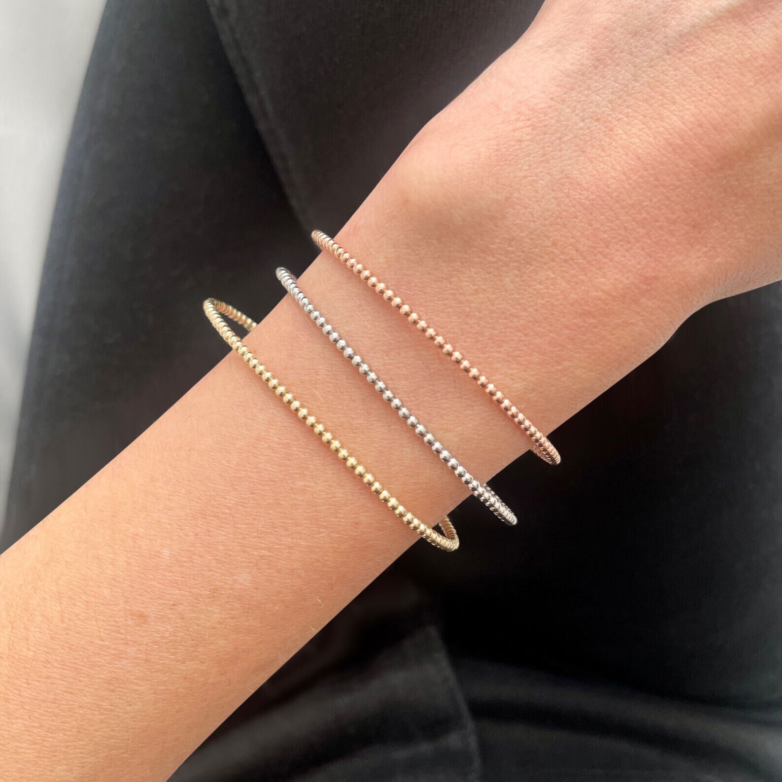 14K Solid Gold 2mm Beaded Cuff Bangle Bracelet – Dainty, Elegant, and Versatile
