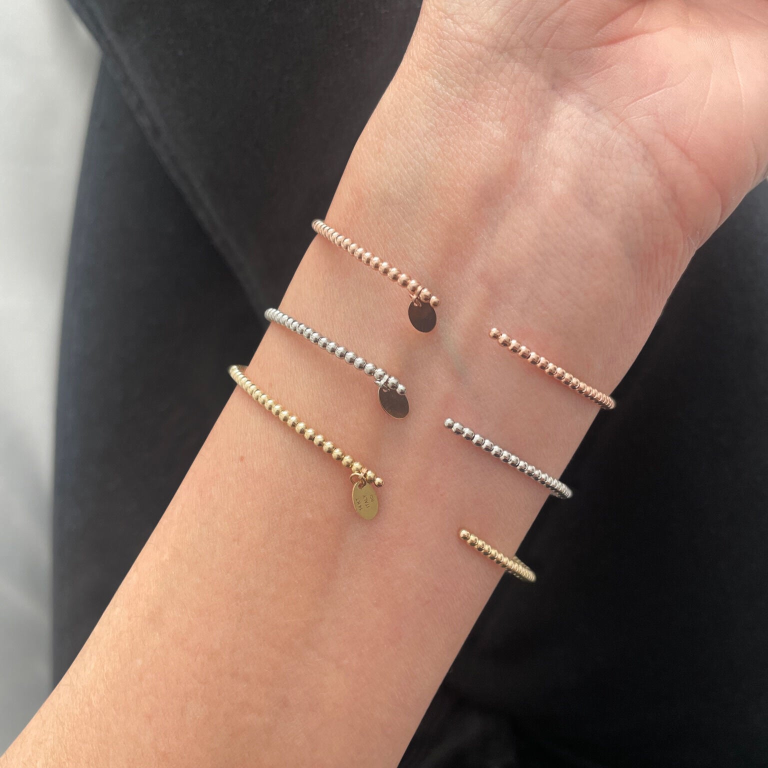 14K Solid Gold 2mm Beaded Cuff Bangle Bracelet – Dainty, Elegant, and Versatile