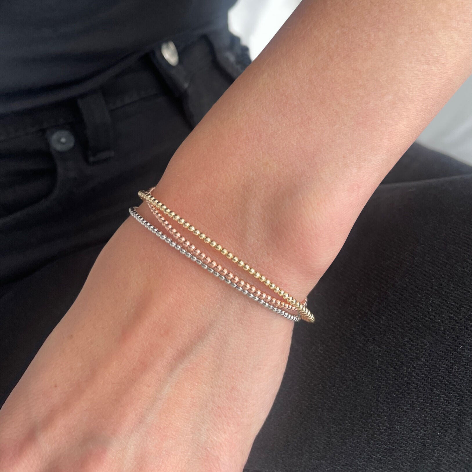 14K Solid Gold 2mm Beaded Cuff Bangle Bracelet – Dainty, Elegant, and Versatile