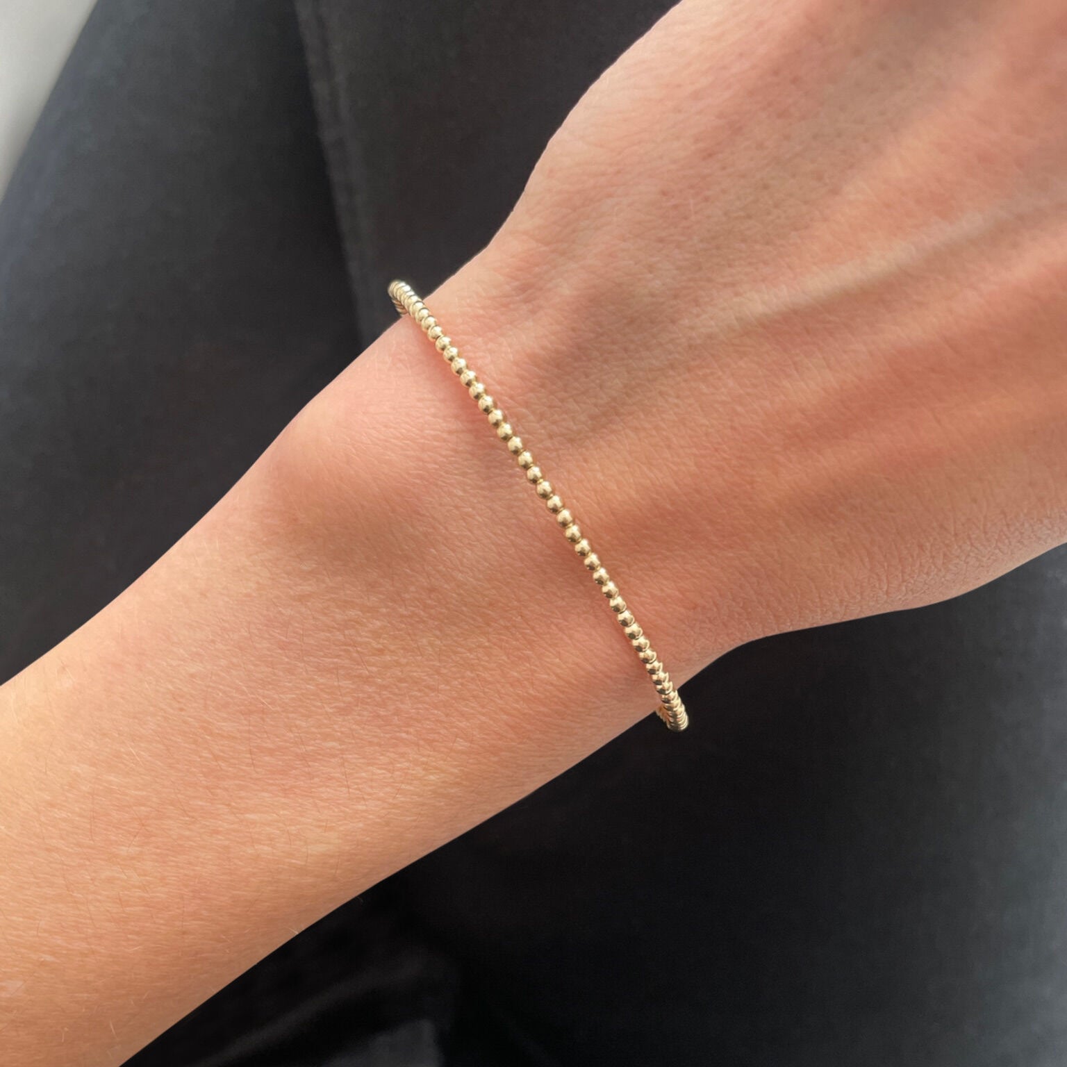 14K Solid Gold 2mm Beaded Cuff Bangle Bracelet – Dainty, Elegant, and Versatile