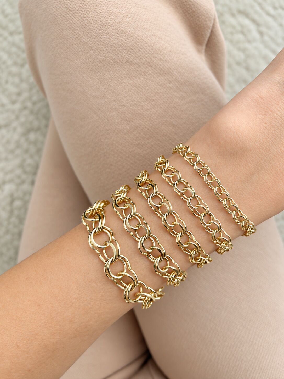 14K Yellow Gold Solid Link Charm Bracelet, 3mm–10mm