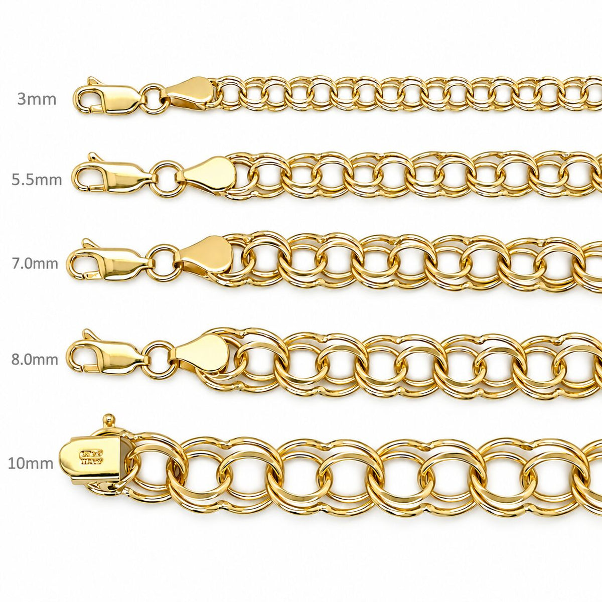 14K Yellow Gold Solid Link Charm Bracelet, 3mm–10mm