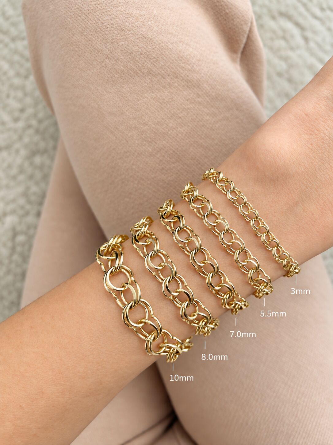 14K Yellow Gold Solid Link Charm Bracelet, 3mm–10mm