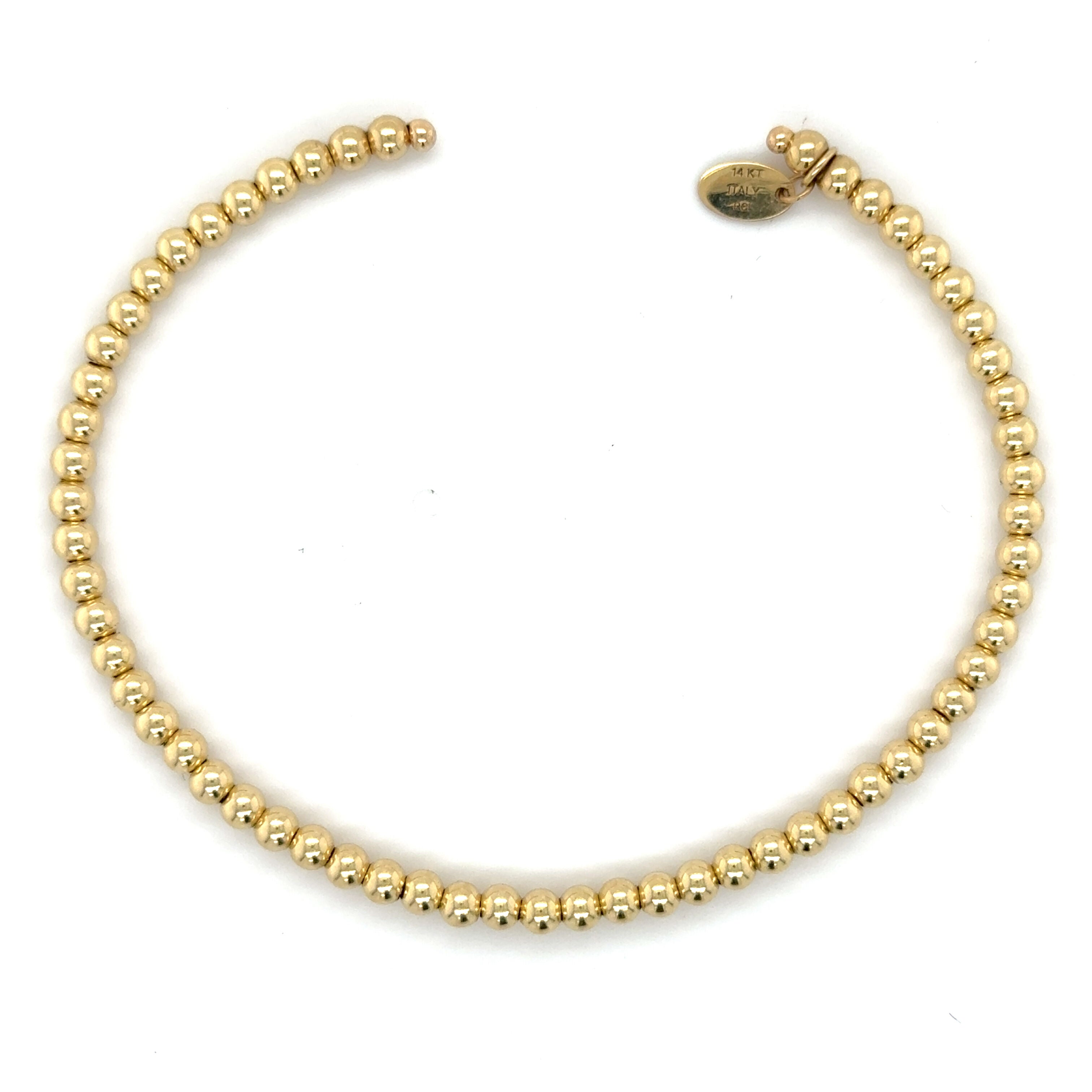 14K Yellow Gold Polished Beaded Cuff Bangle Bracelet, 3mm, Made In Italy