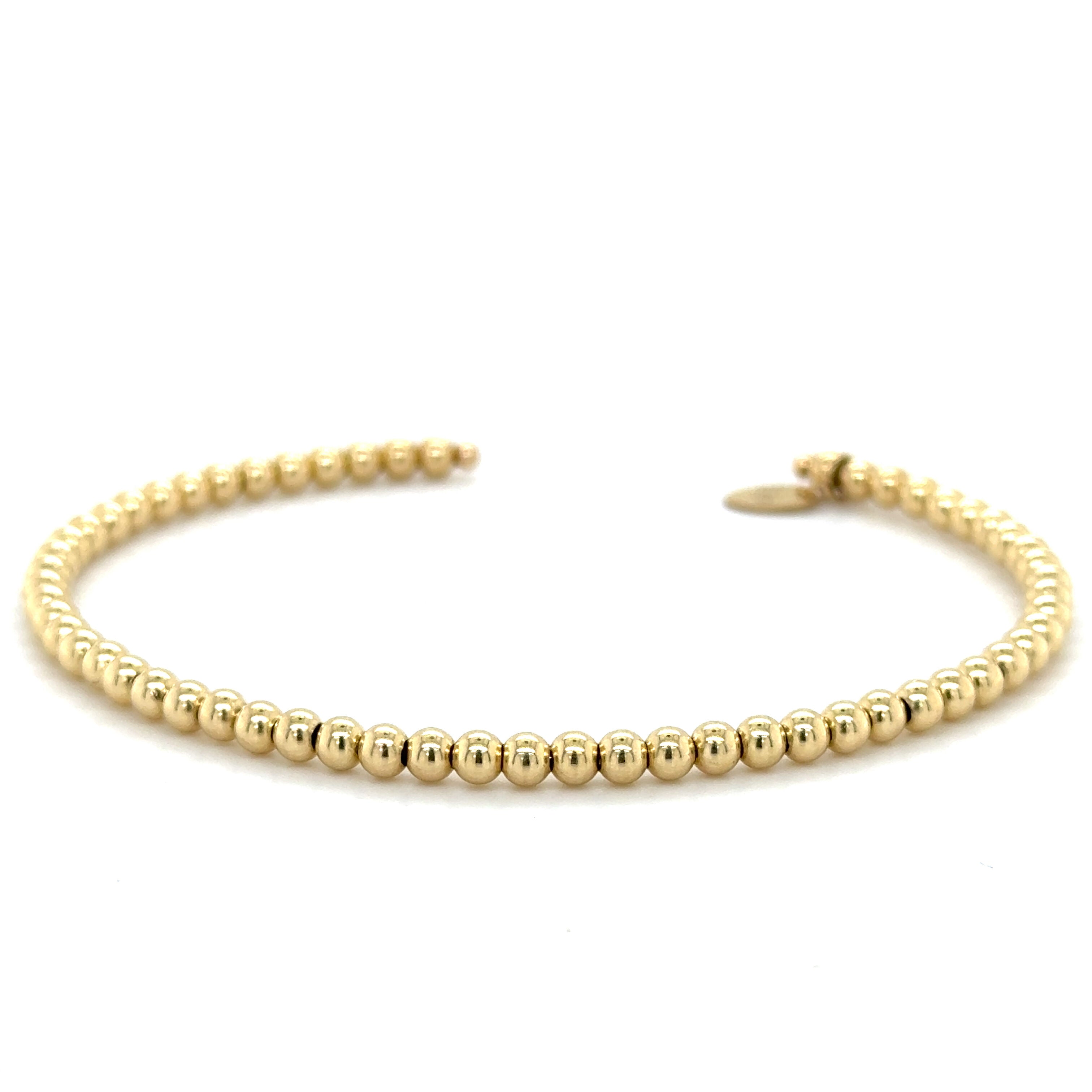 14K Yellow Gold Polished Beaded Cuff Bangle Bracelet, 3mm, Made In Italy