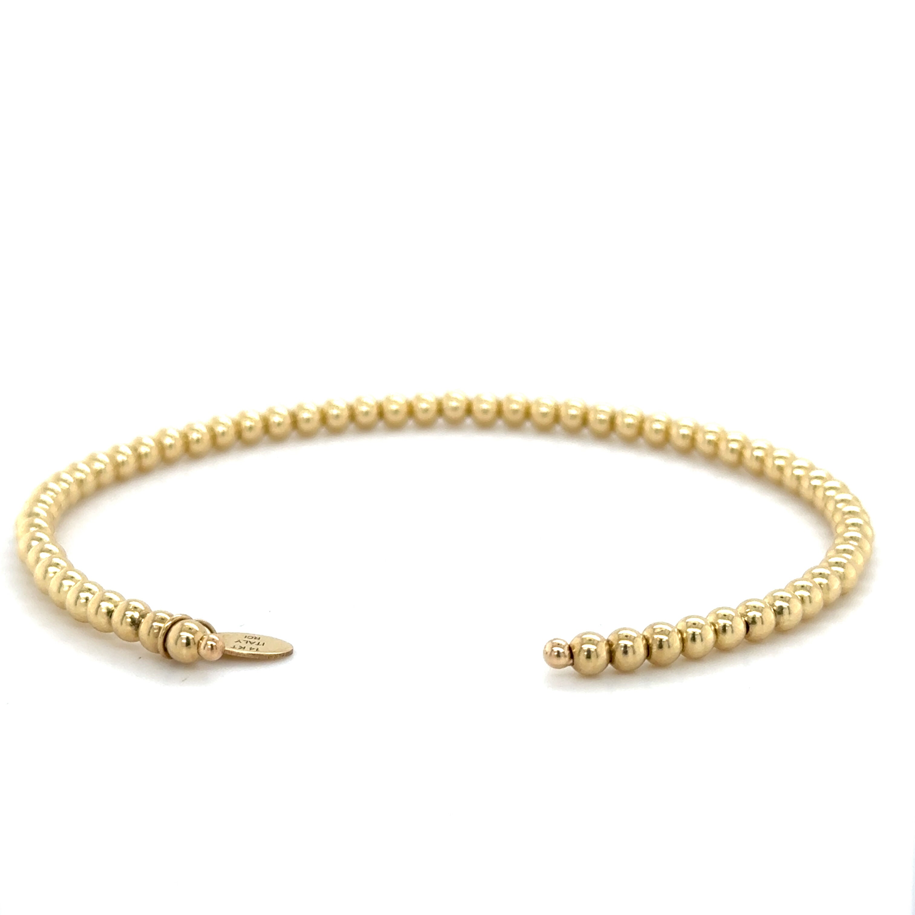 14K Yellow Gold Polished Beaded Cuff Bangle Bracelet, 3mm, Made In Italy