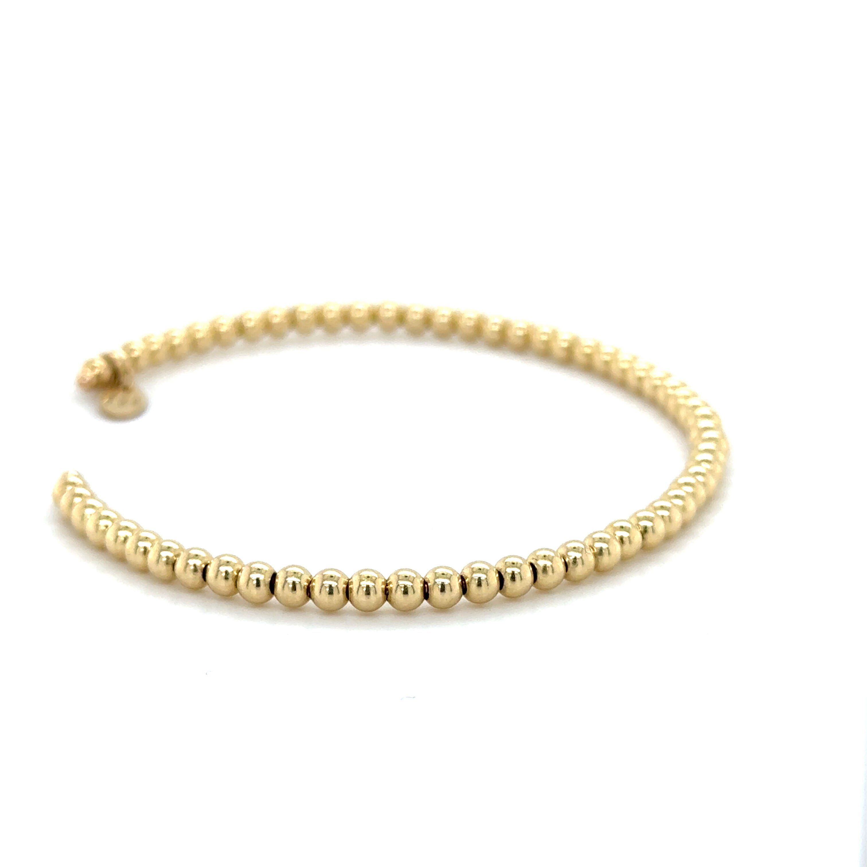 14K Yellow Gold Polished Beaded Cuff Bangle Bracelet, 3mm, Made In Italy