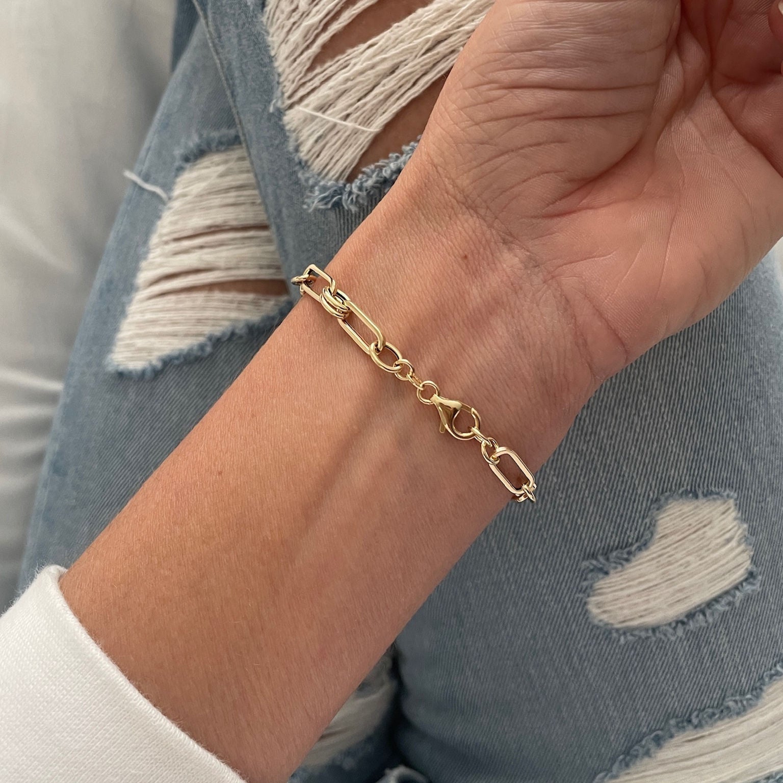 14K Solid Gold Paperclip and Round Link Bracelet – Elegant, Durable, Timeless