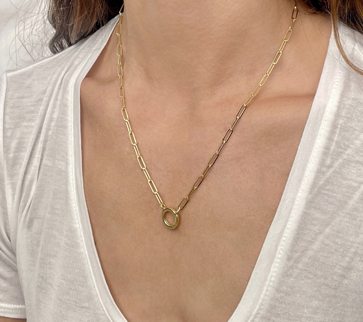 14k yellow gold charm holder paperclip necklace