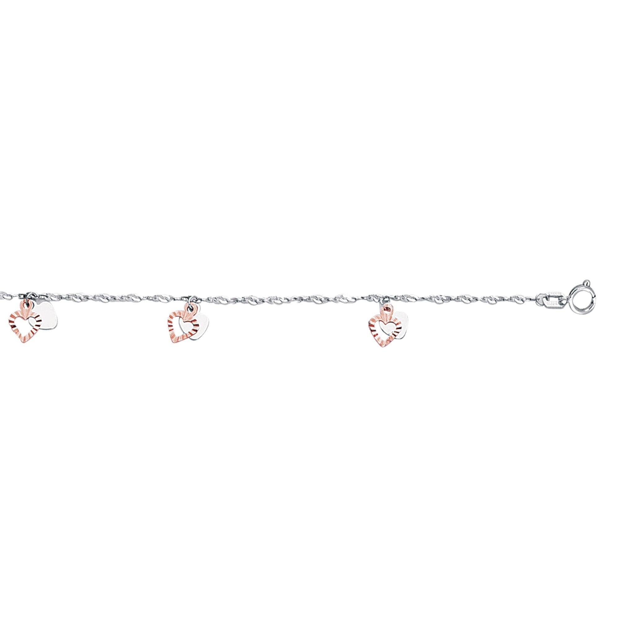 14K Two Tone Dangle Heart Anklet, White and Rose Gold