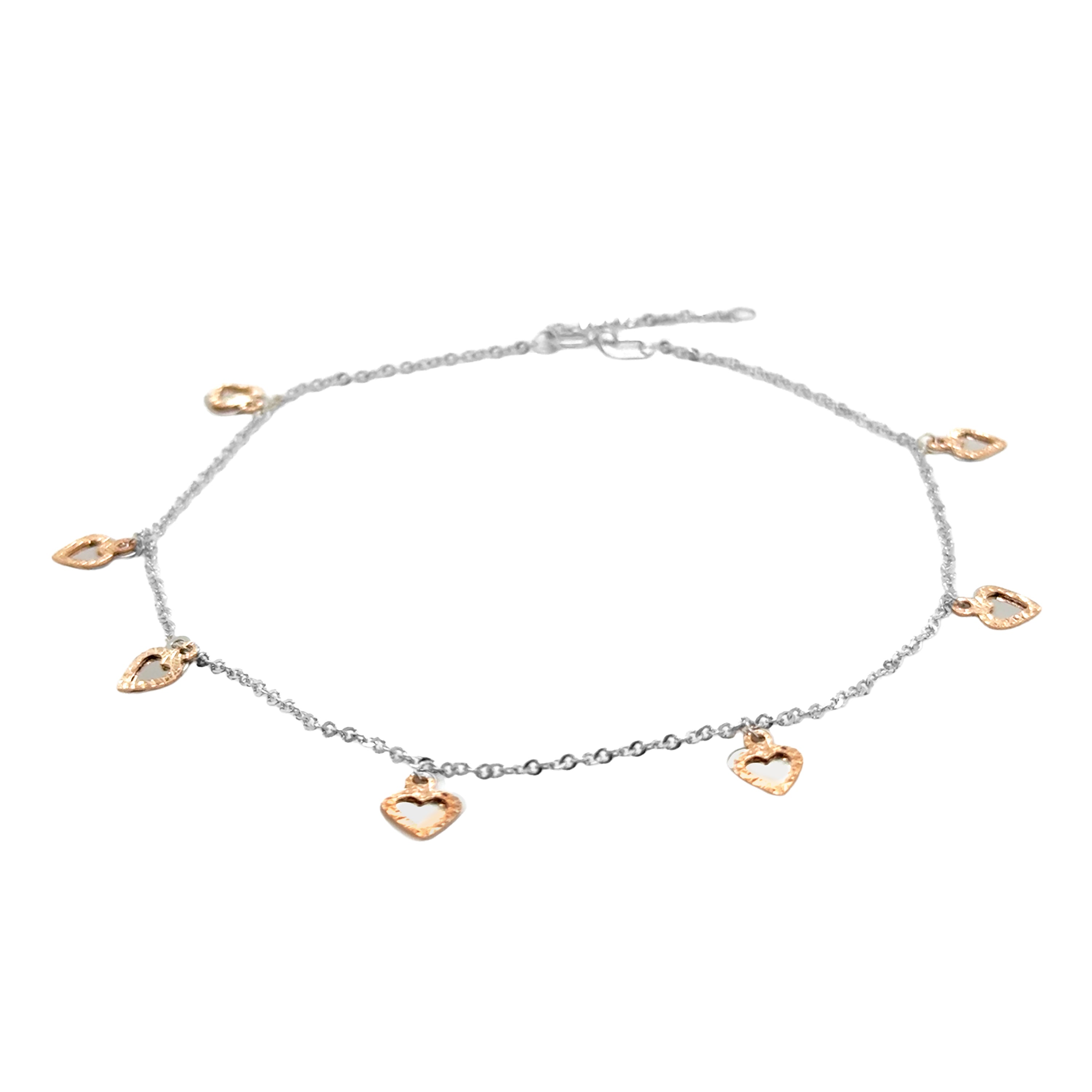 14K Two Tone Dangle Heart Anklet, White and Rose Gold