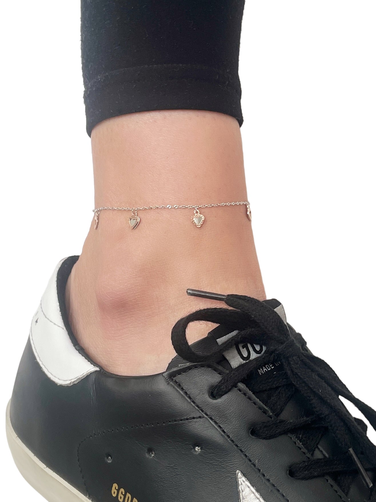 14K Two Tone Dangle Heart Anklet, White and Rose Gold