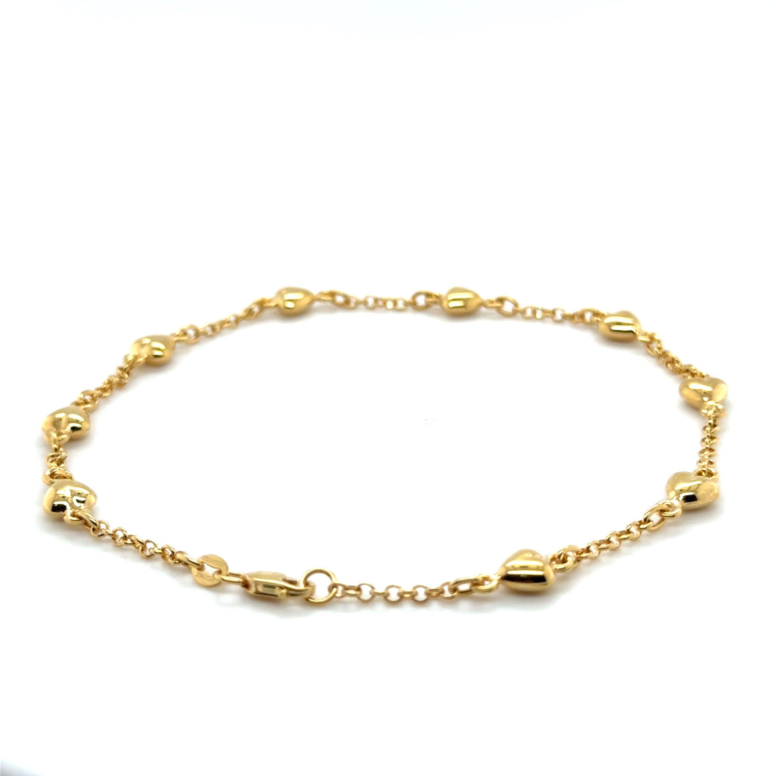 14K Yellow Gold Puffed Heart Station Anklet, 10"