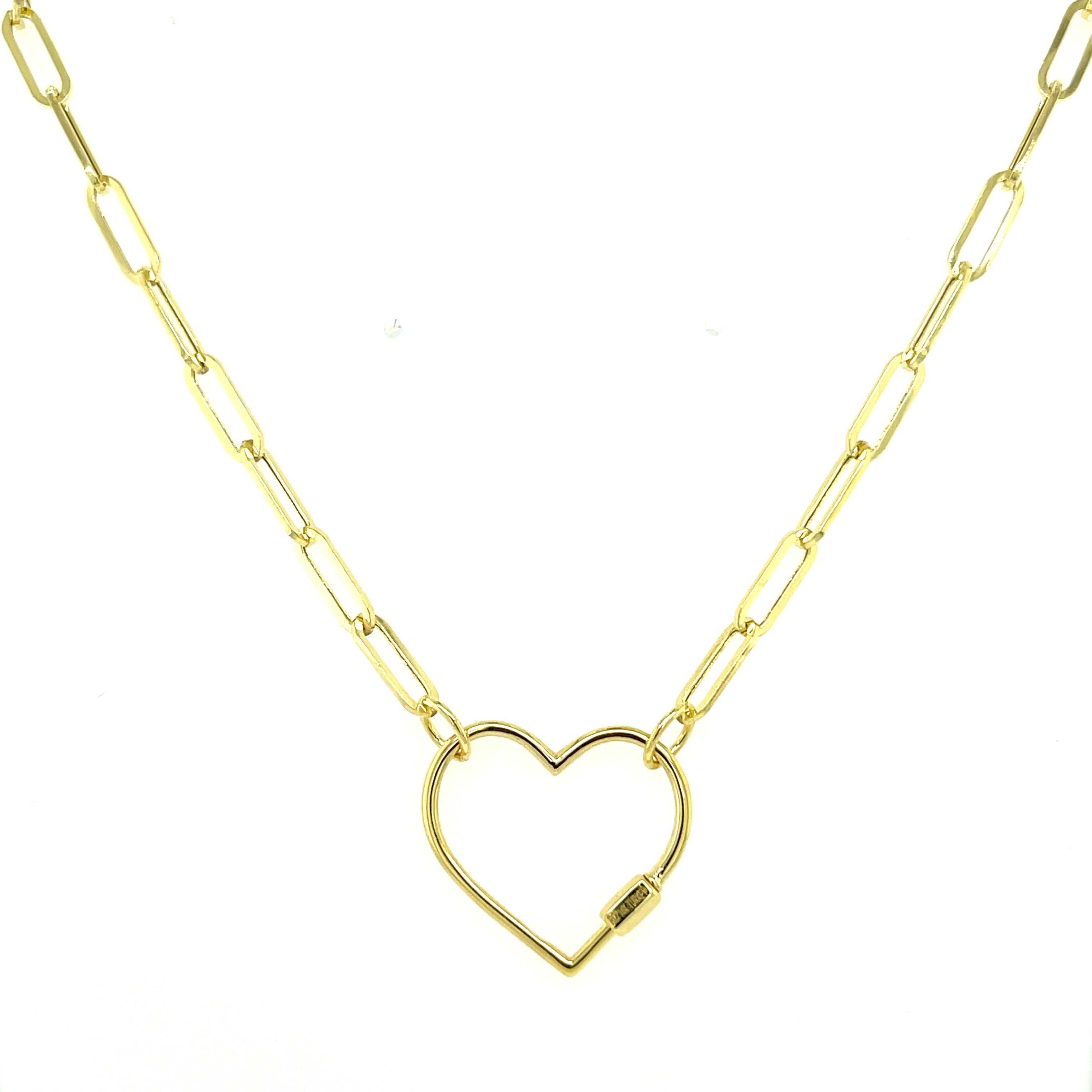 14K Yellow Gold Heart Carabiner Paperclip Necklace, Heart Charm Holder, 18 Inch