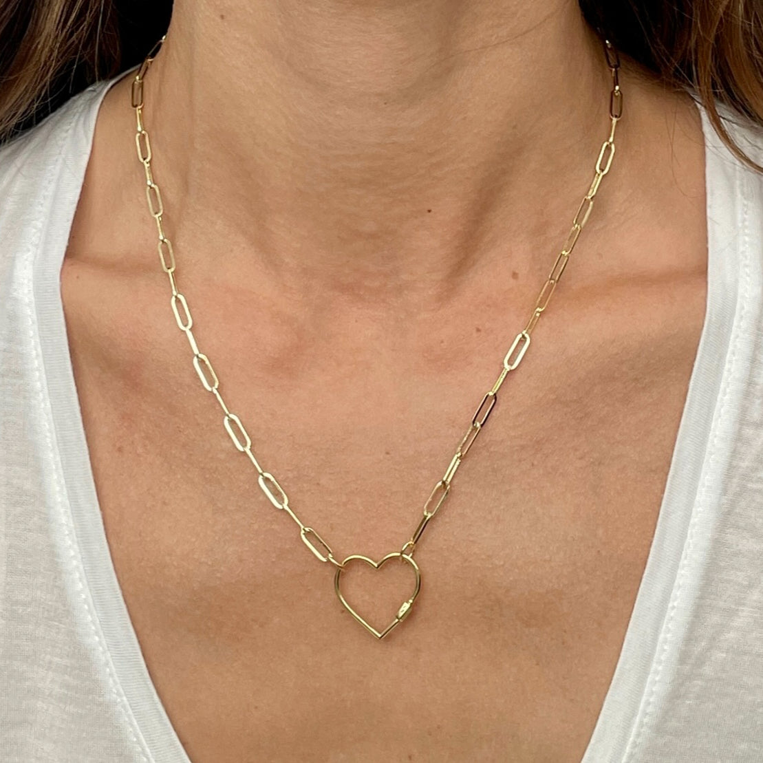 14K Yellow Gold Heart Carabiner Paperclip Necklace
