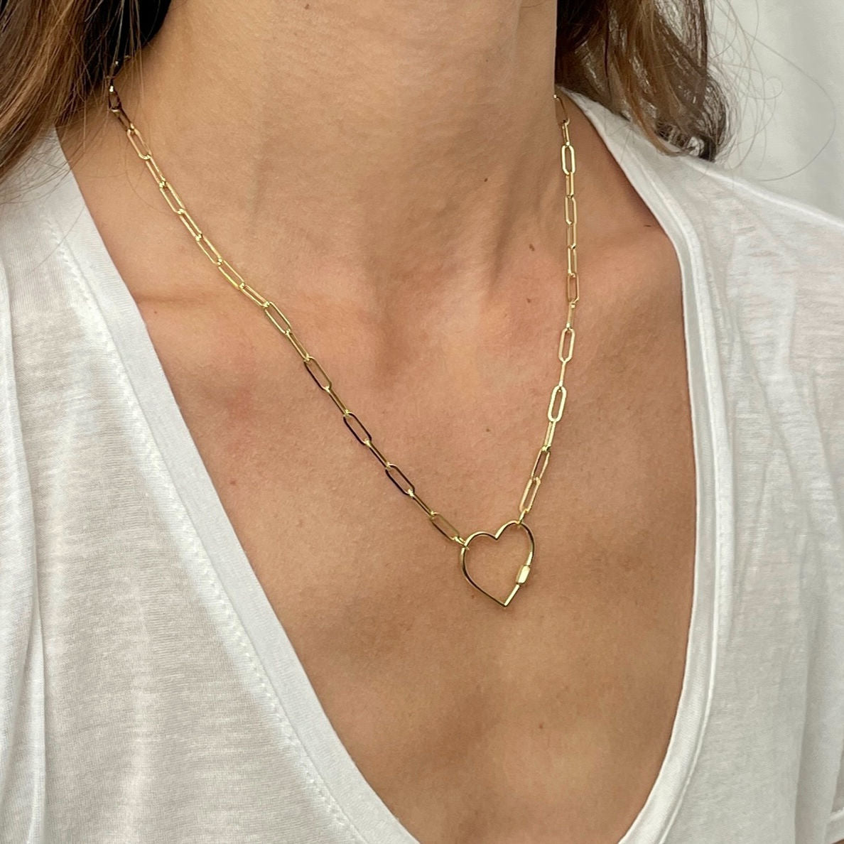 14K Yellow Gold Heart Carabiner Paperclip Necklace