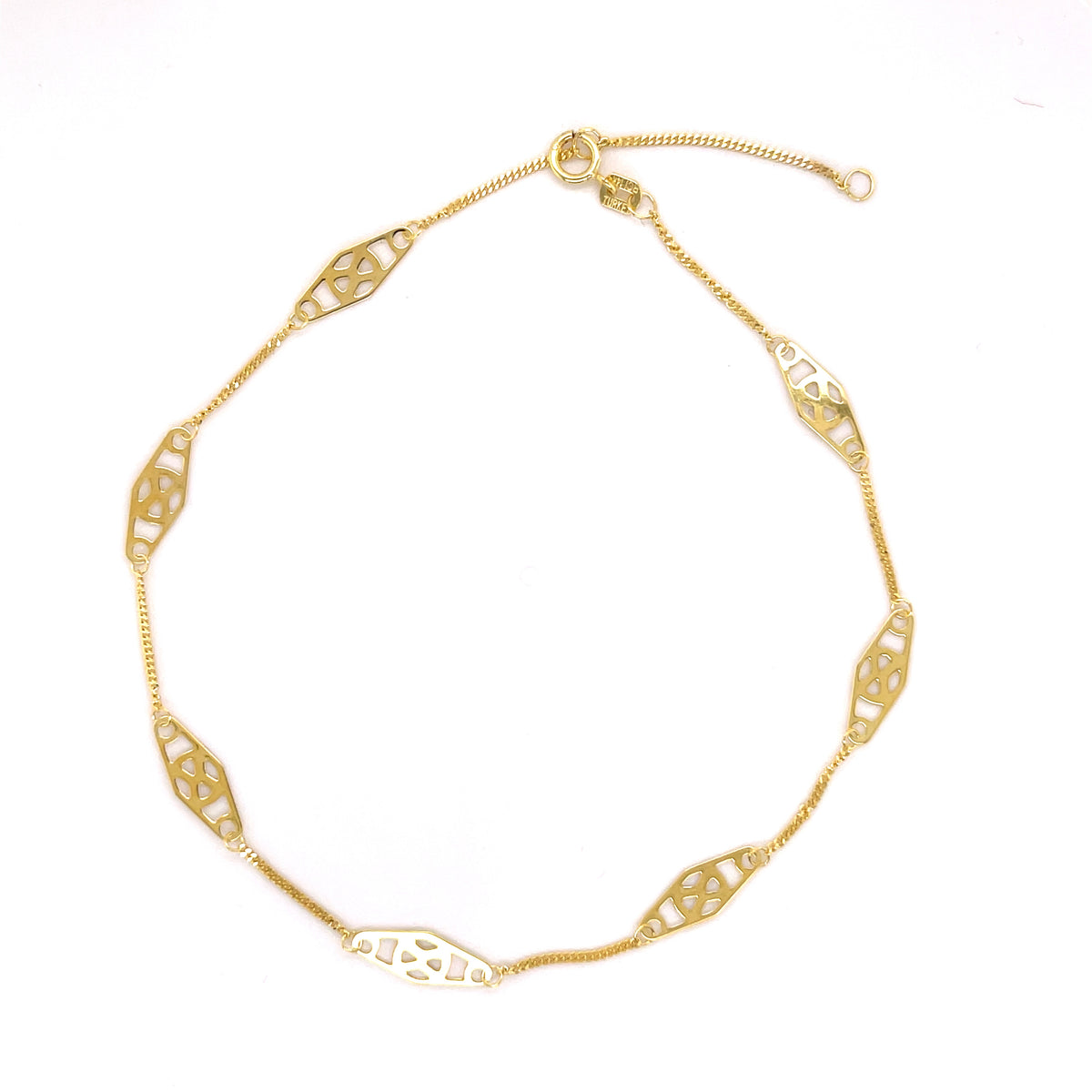 14K Yellow Gold Openwork Marquise Link Anklet,10"