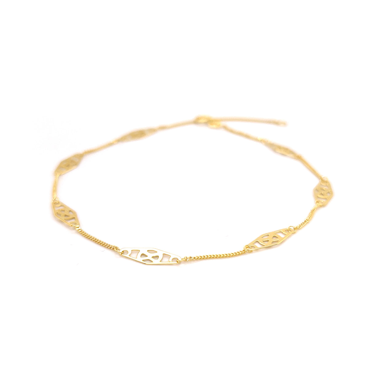 14K Yellow Gold Openwork Marquise Link Anklet,10"