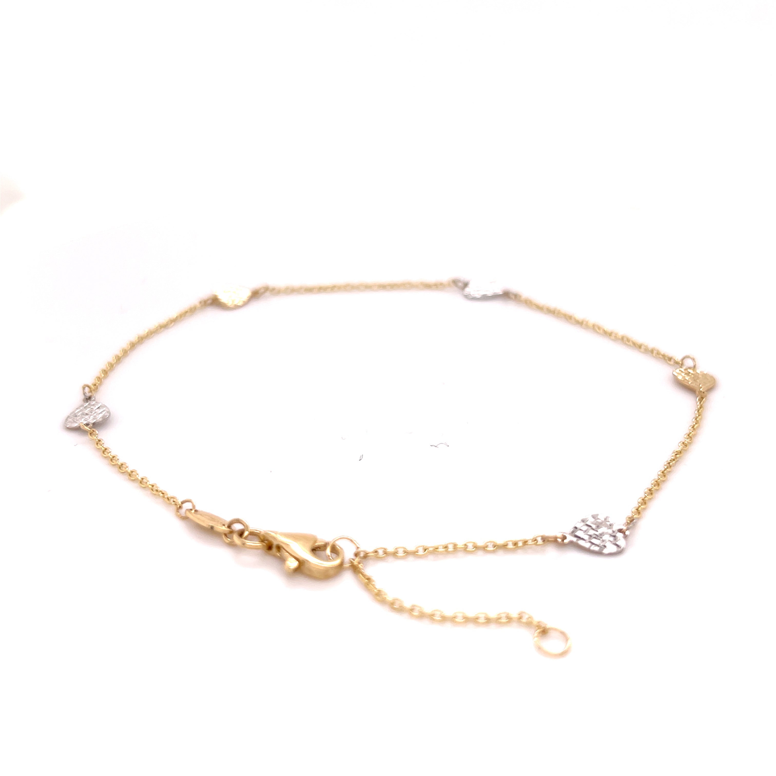 14K Two-Tone Gold Dainty Diamond-Cut Heart Station Anklet, Adjustable 9-10"