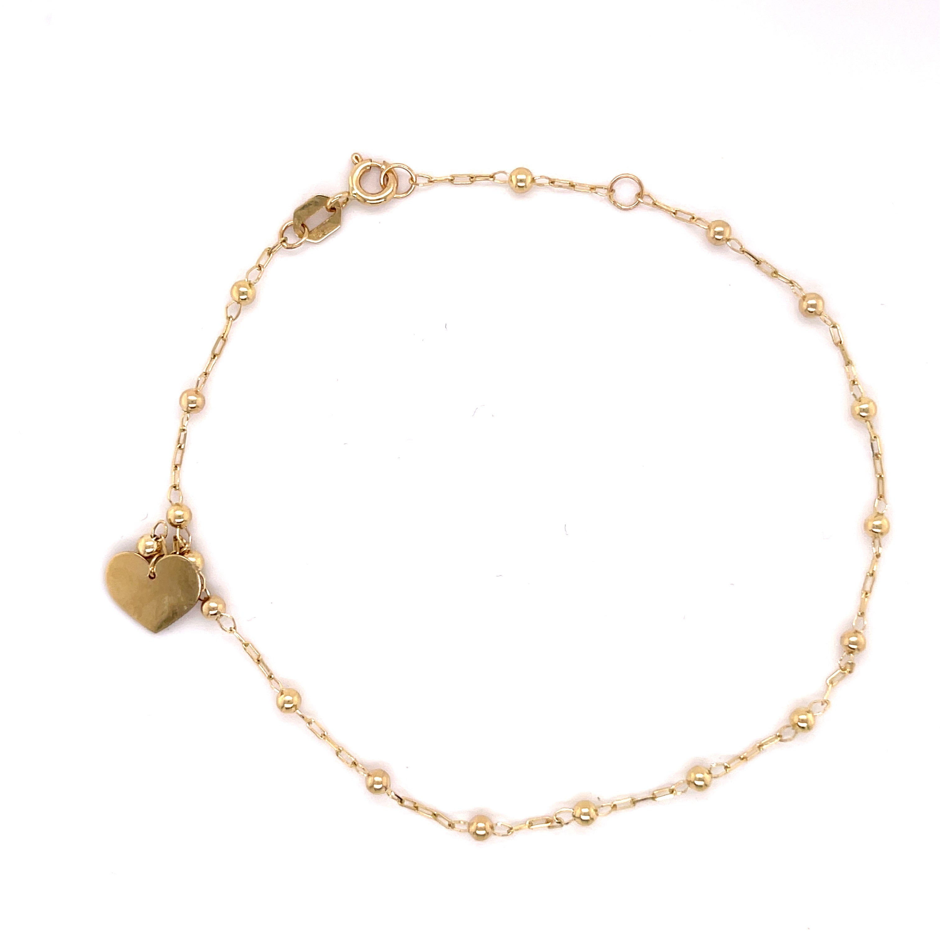14K Yellow Gold Heart Tag Bead Station Anklet, Adjustable 9–10"