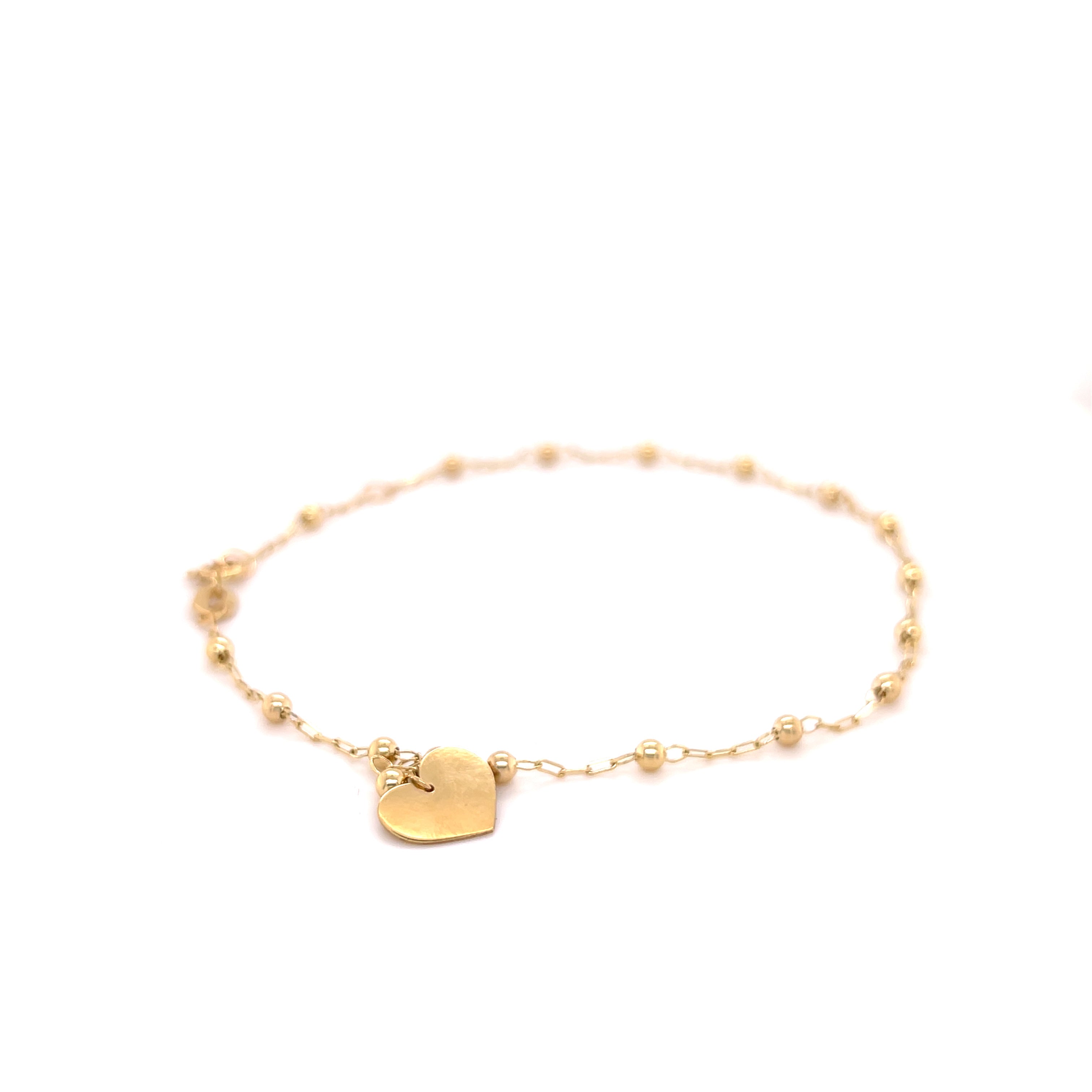 14K Yellow Gold Heart Tag Bead Station Anklet, Adjustable 9–10"
