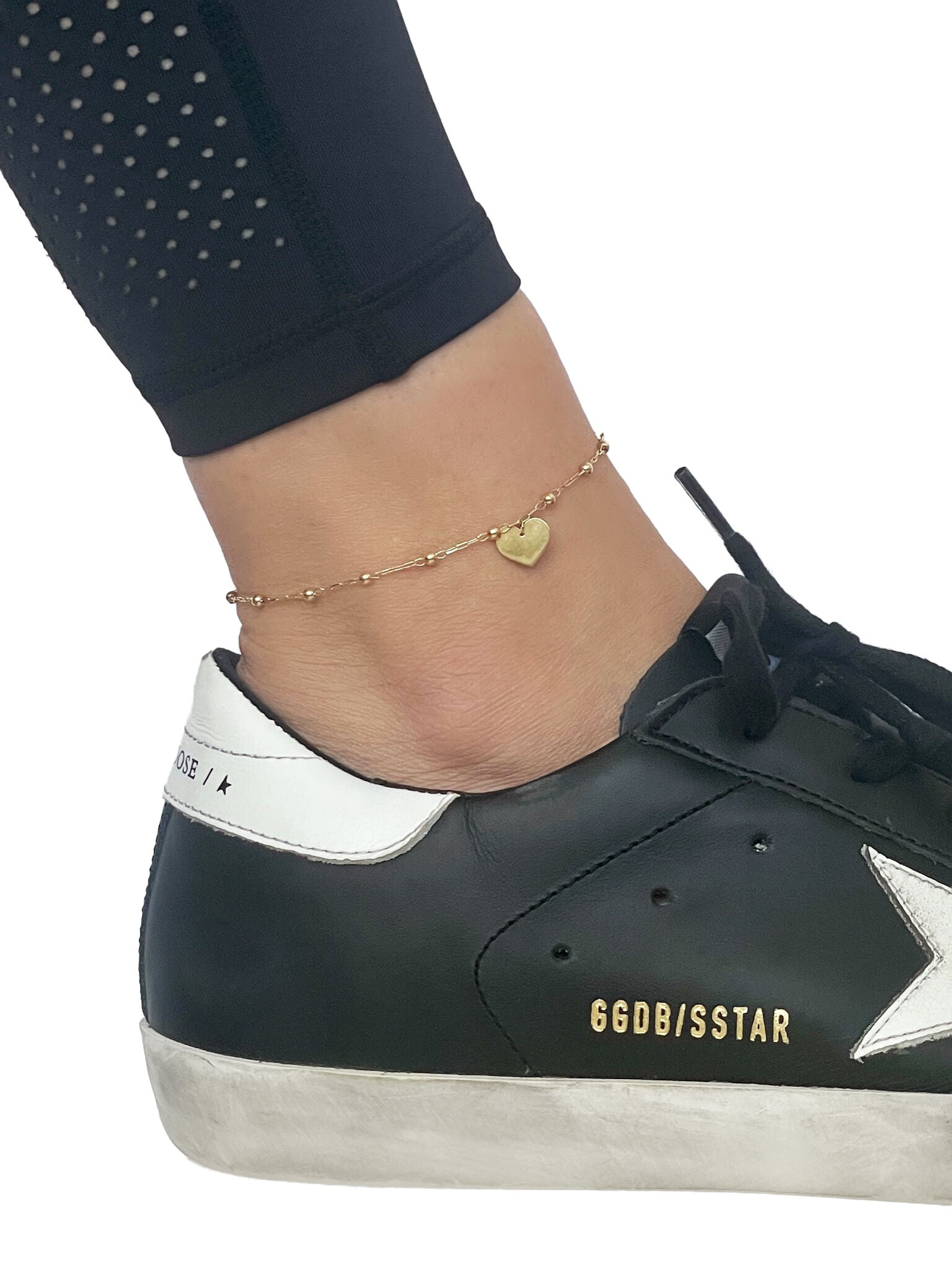 14K Yellow Gold Heart Tag Bead Station Anklet, Adjustable 9–10"